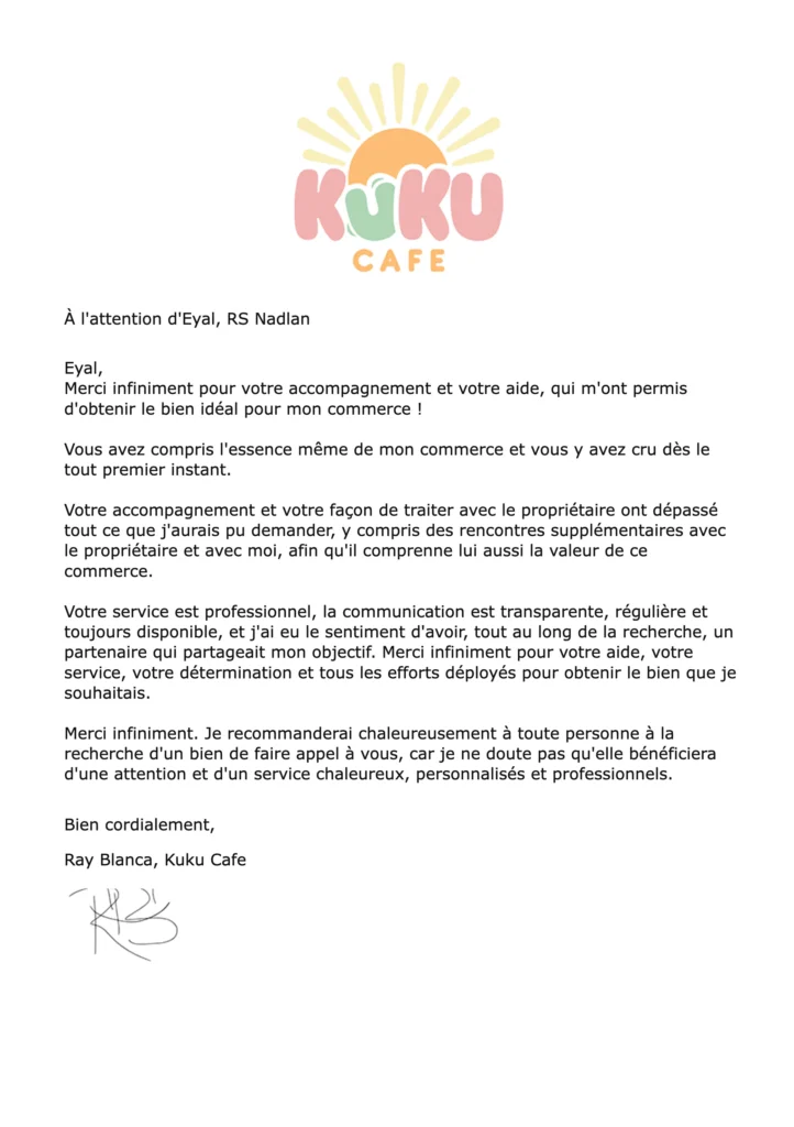Lettre de recommandation de Ray Blanca, Kuku Cafe pour RS Nadlan