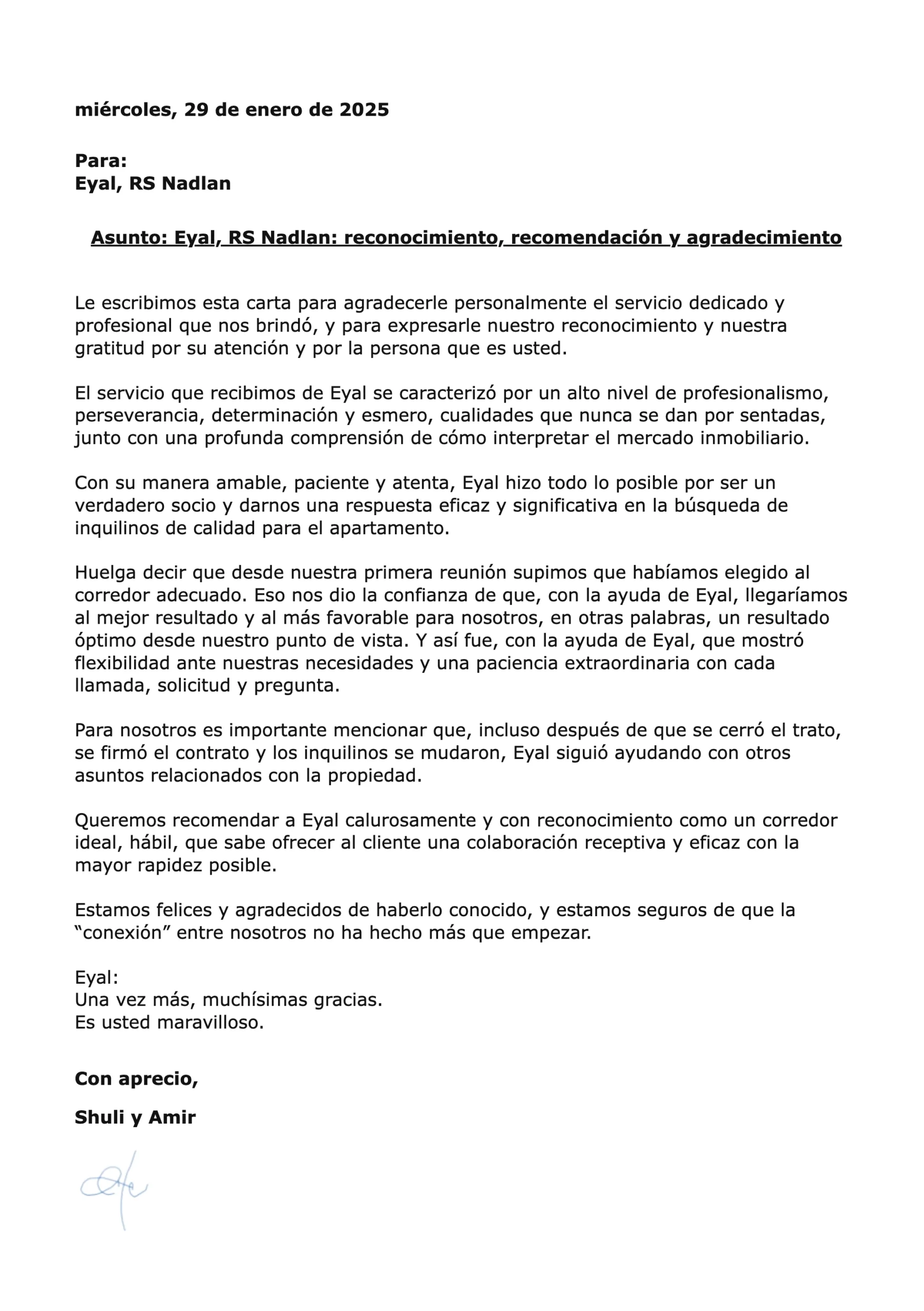 Carta de recomendación de Shuli y Amir para RS Nadlan
