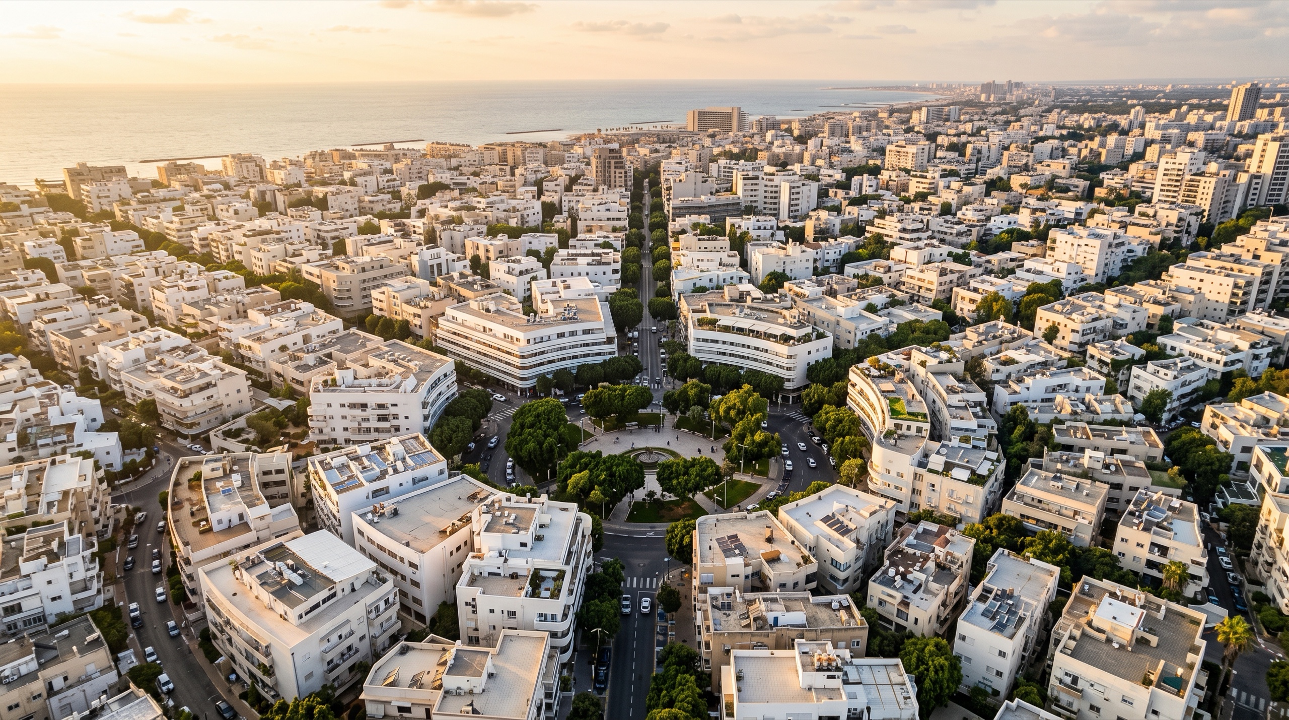 משרד תיווך בצפון הישן: מבט מלמעלה על רשת הרחובות הירוקה ובנייני הבאוהאוס הלבנים ליד הים (הדמיה)