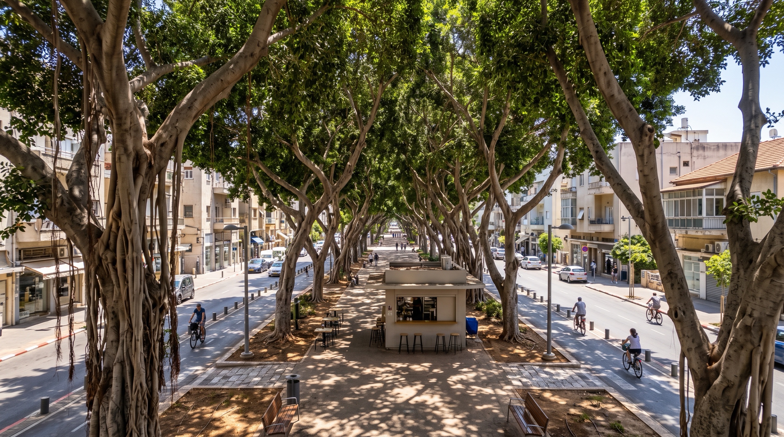 שדרות בן גוריון בצפון הישן, עצי פיקוס וקיוסק מול בנייני הבאוהאוס (הדמיה)