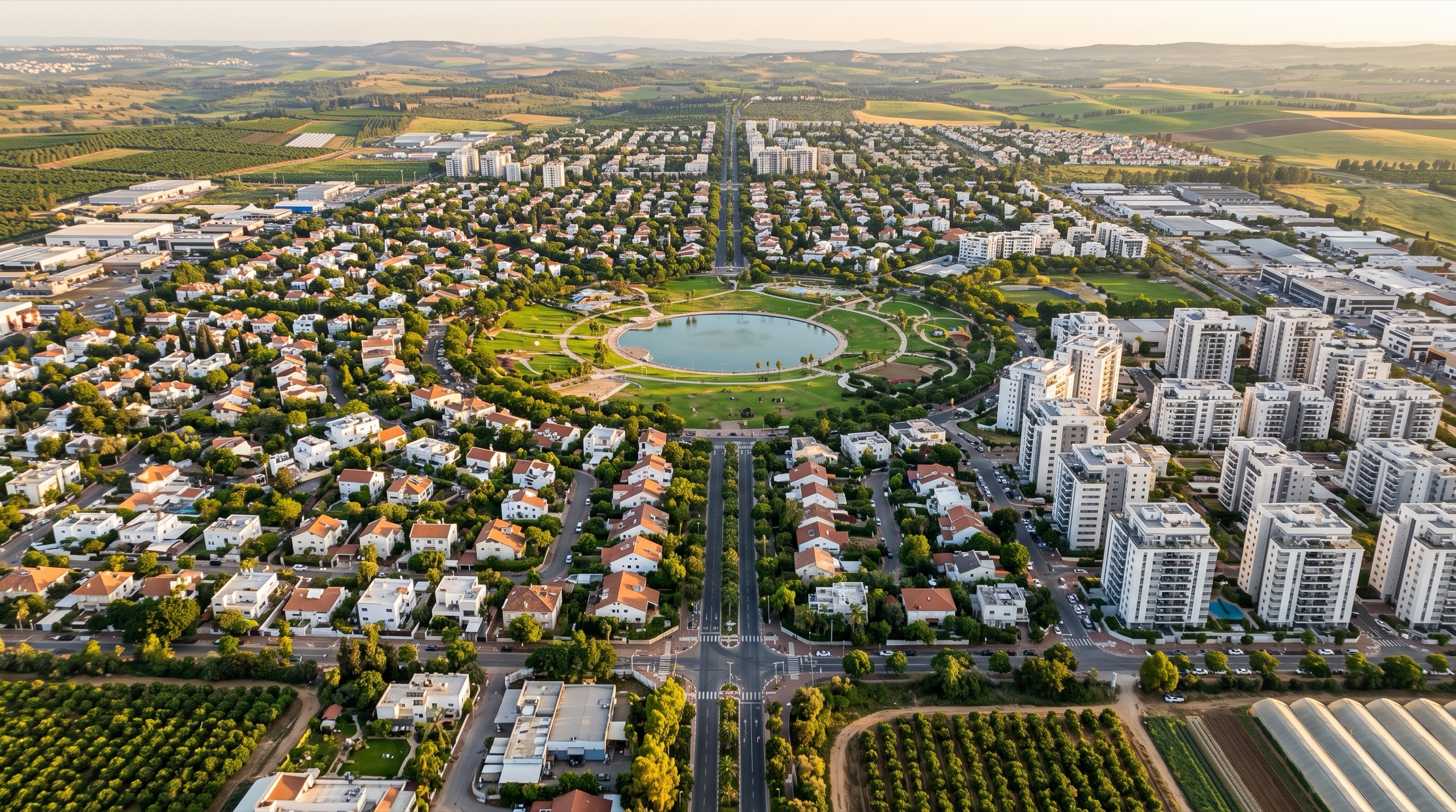 משרד תיווך בכפר סבא: מבט מלמעלה על שכונות המגורים, השדרות והפארק הגדול של העיר (הדמיה)