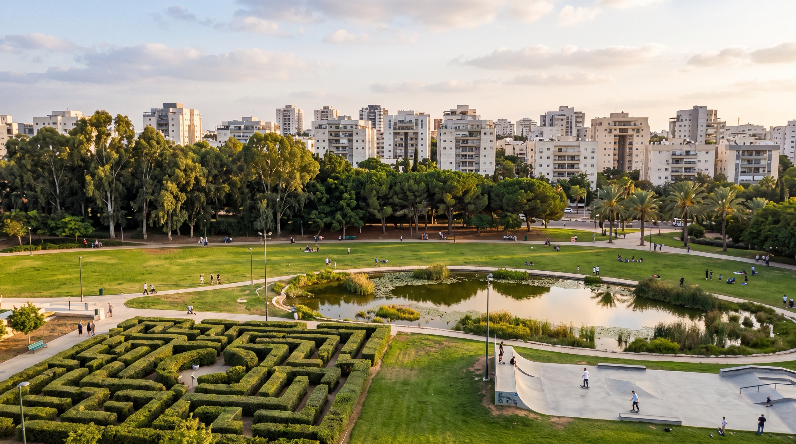 הפארק העירוני של כפר סבא עם בריכה אקולוגית ומדשאות, ליד שכונות המגורים (הדמיה)