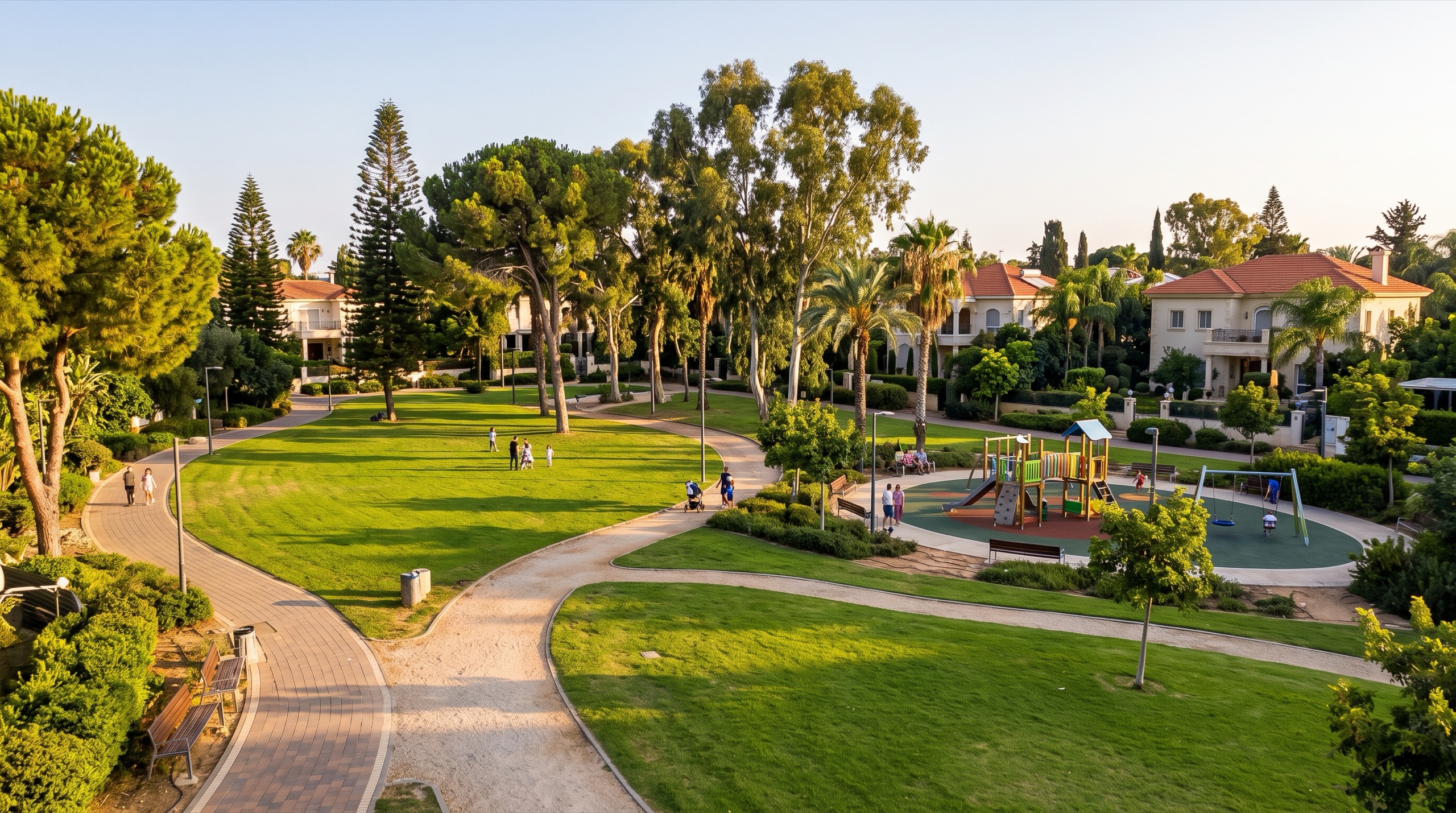 גינה ציבורית בכפר שמריהו עם עצים גבוהים ושבילים בין הווילות (הדמיה)
