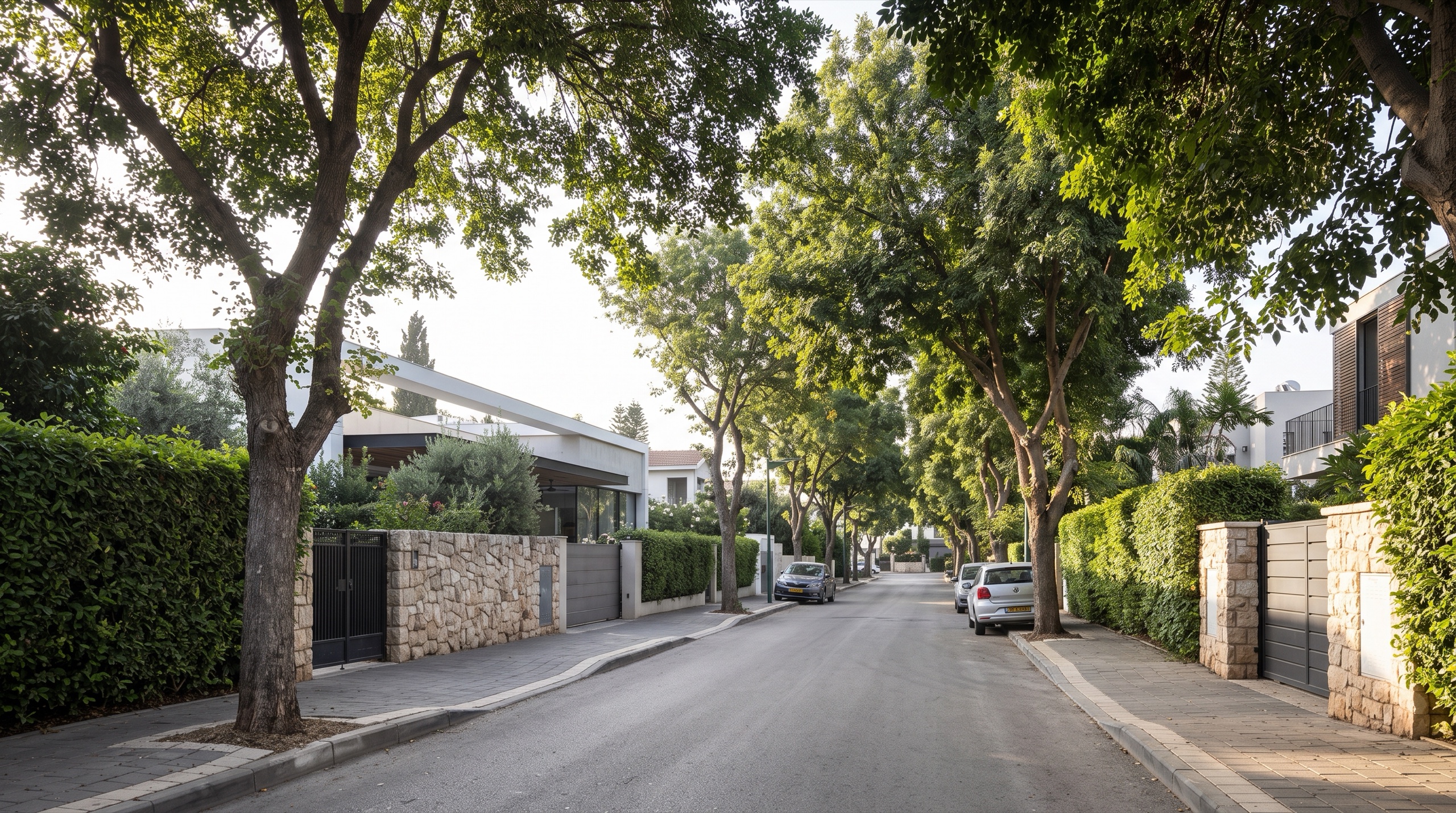 נדל״ן בכפר שמריהו: רחוב שקט עם עצים בוגרים, גדרות חיות ווילות נמוכות (הדמיה)