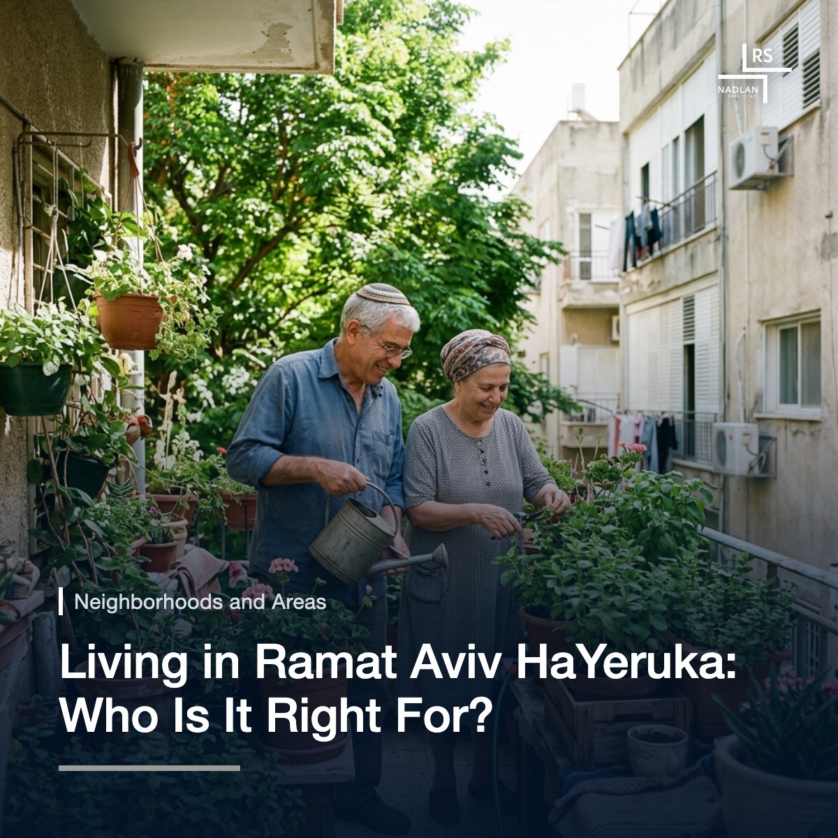 A retired couple watering plants together on a balcony full of potted plants and herbs in a low building