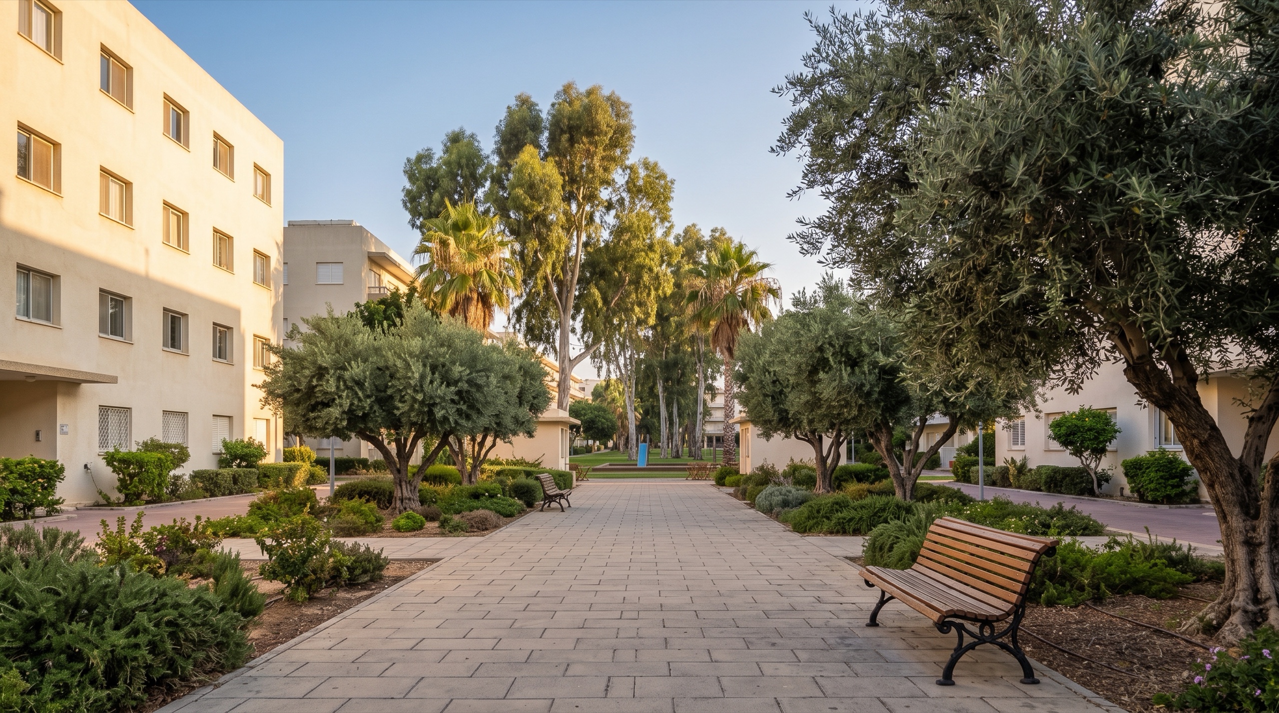 שביל שקט בין הבניינים הנמוכים והעצים הבוגרים של מעוז אביב (הדמיה)