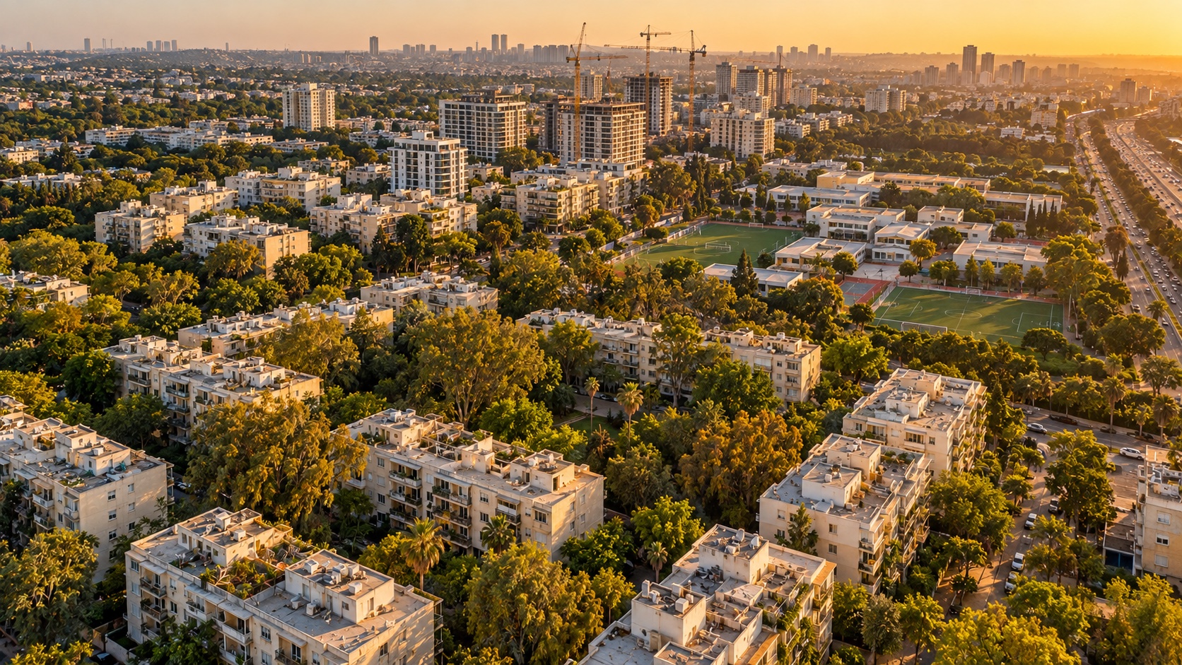 משרד תיווך בנאות אפקה: מבט מלמעלה על הבניינים הנמוכים, הגינות והפרויקטים החדשים של השכונה (הדמיה)