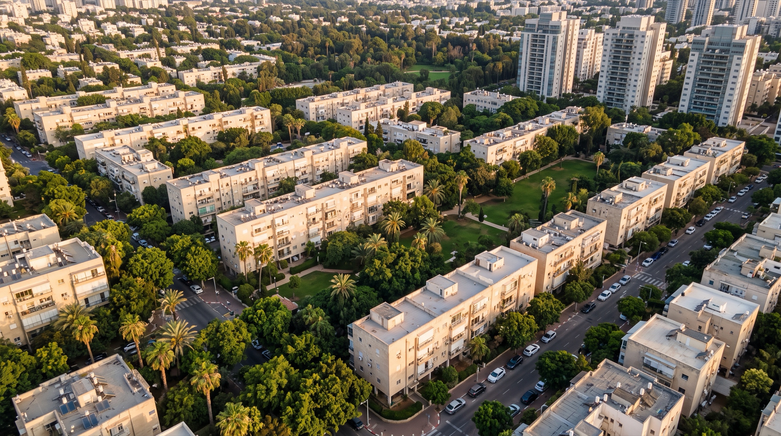 משרד תיווך בנווה אביבים: מבט מלמעלה על בנייני המגורים והמגדלים בין הגנים הציבוריים (הדמיה)