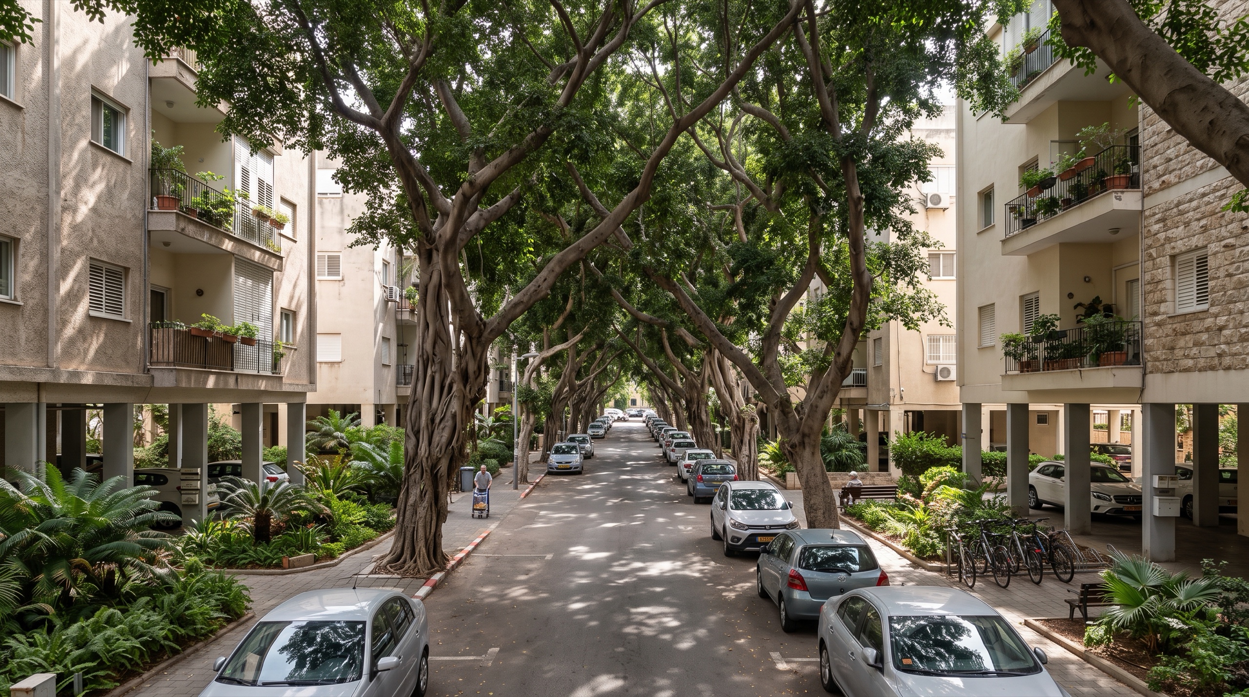 נדל״ן בנווה אביבים: רחוב מגורים שקט עם בניינים ותיקים תחת חופת עצי פיקוס (הדמיה)