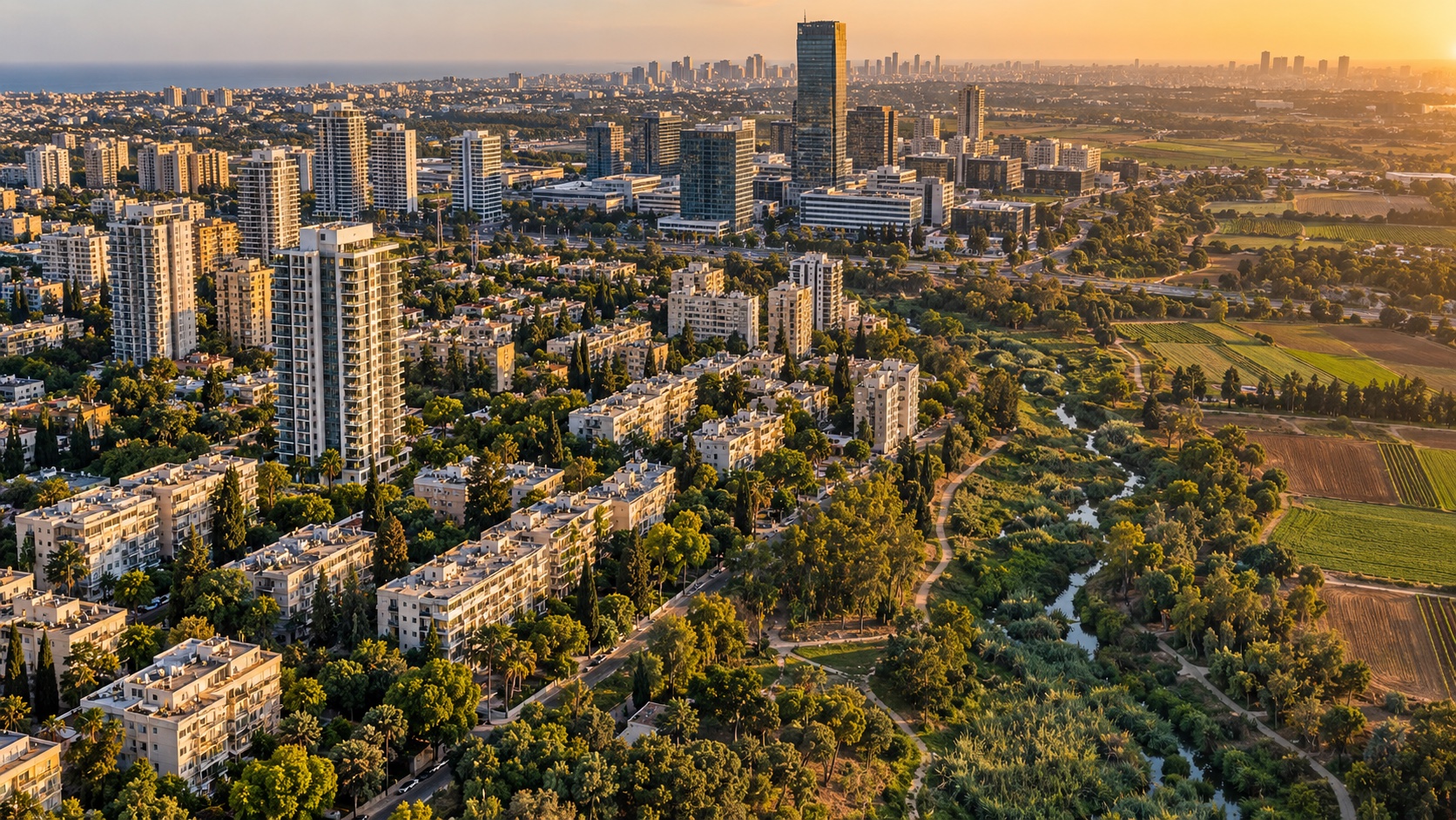 משרד תיווך בנווה שרת: מבט מלמעלה על בנייני הרכבת הוותיקים והמגדלים החדשים של השכונה לצד שטחים פתוחים (הדמיה)
