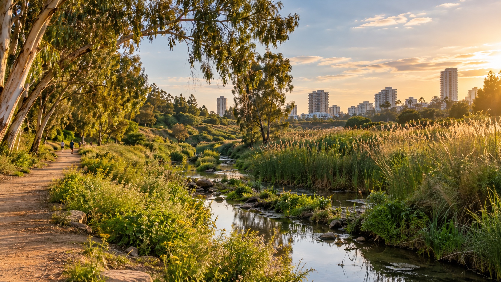 נחל פרדסים בשולי נווה שרת, שביל עפר וקנים ליד בנייני המגורים (הדמיה)