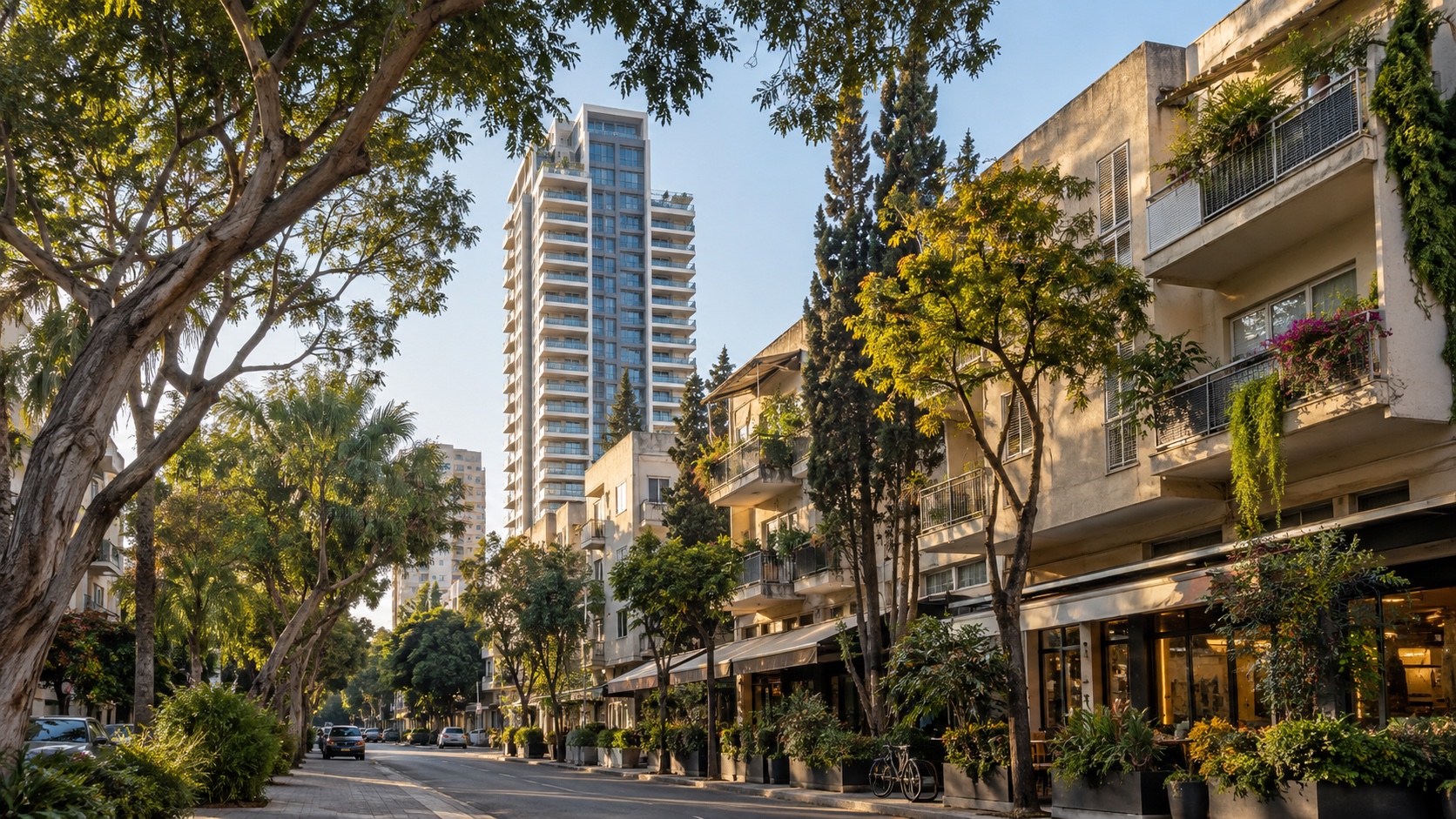 נדל״ן בנווה שרת: רחוב מגורים עם בניינים ותיקים, מגדל חדש ועצים בוגרים (הדמיה)