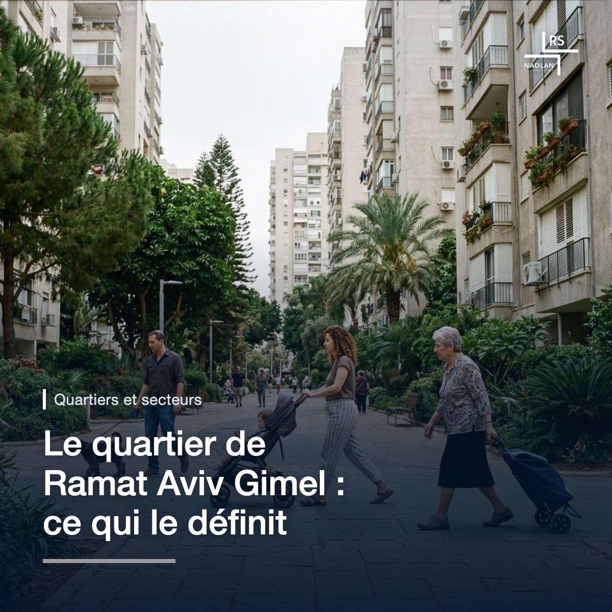 Des habitants sur une large allée verdoyante entre les tours résidentielles de Ramat Aviv Gimel, un matin de semaine : un homme promène un chien