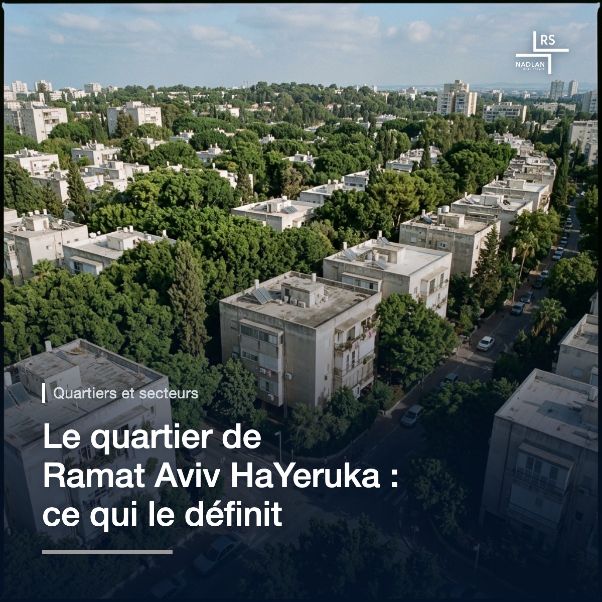 Photo aérienne prise par drone de Ramat Aviv HaYeruka : des immeubles bas de quatre niveaux presque cachés sous le feuillage vert et dense des arbres