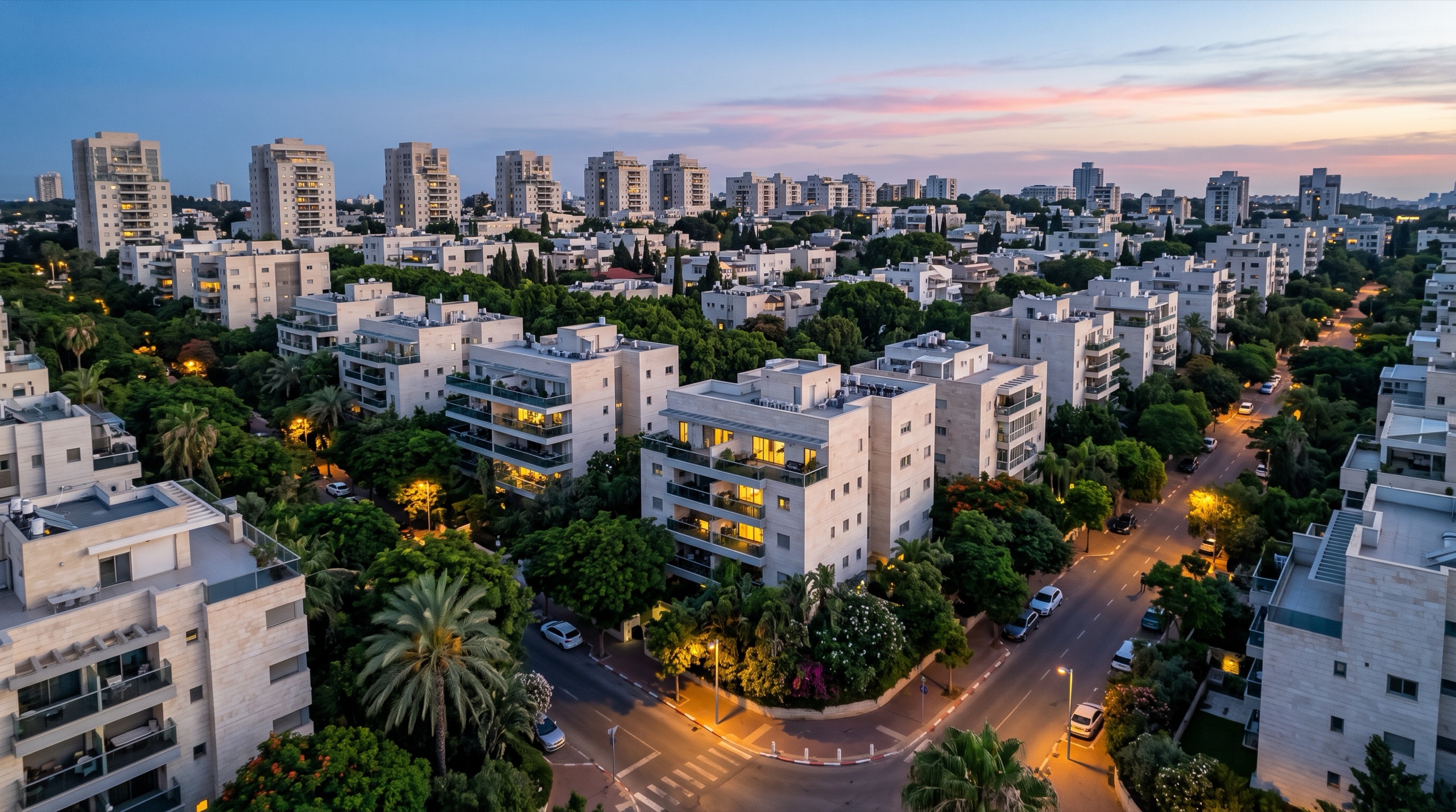 משרד תיווך ברמת אביב ג׳: מבט מלמעלה על הבניינים המדורגים והמגדלים של השכונה בשעת בין ערביים (הדמיה)
