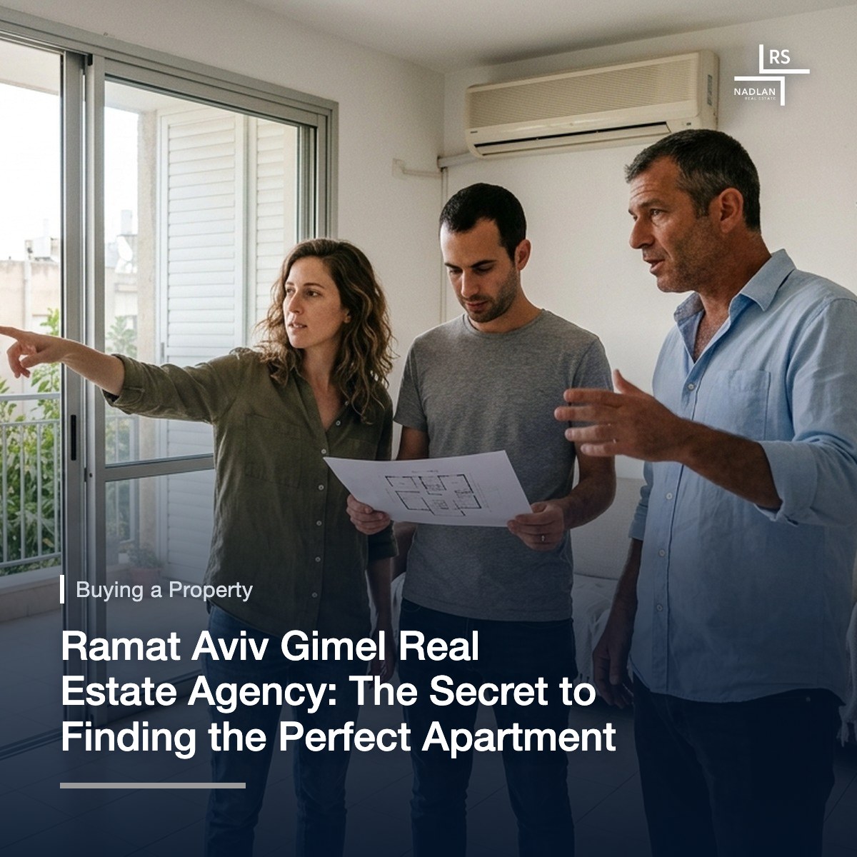 A real estate advisor touring an apartment with a couple, reviewing the floor plan together