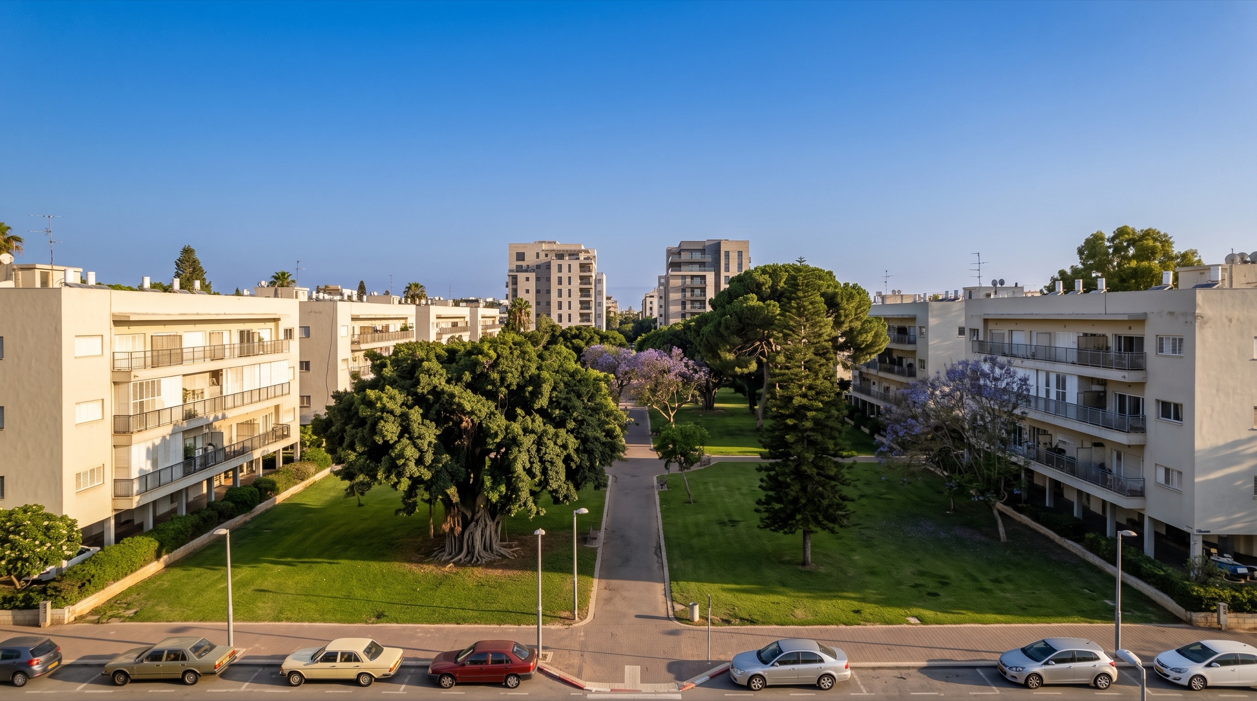 בנייני מגורים נמוכים משנות ה 50 ובניינים בהתחדשות עירונית ברמת אביב הירוקה, צפון תל אביב (הדמיה)