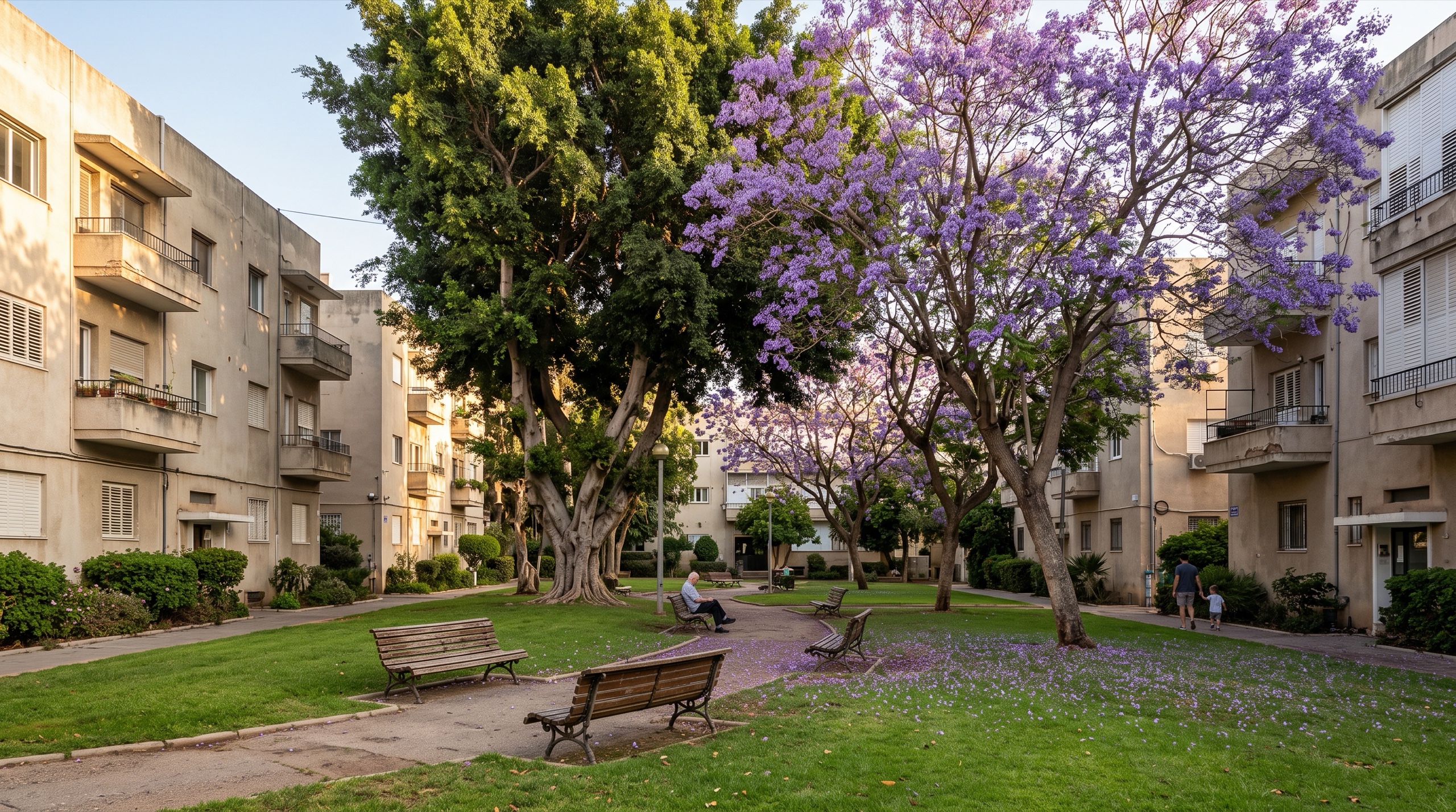 גינה שכונתית ברמת אביב הירוקה עם ספסלים ועצים ותיקים בין הבניינים הנמוכים (הדמיה)