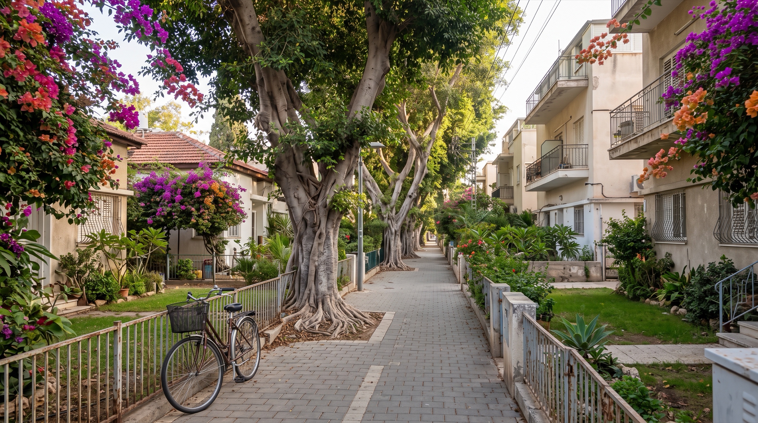 נדל״ן ברמת אביב הירוקה: רחוב צדדי שקט עם בתים פרטיים ובנייני מגורים נמוכים (הדמיה)
