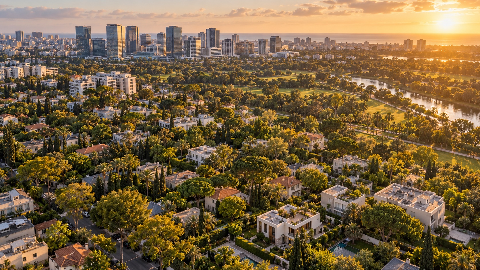 Real estate agency in Ramat HaHayal: an aerial view of the neighborhood’s low homes and parks next to the towers of the employment zone (illustration)