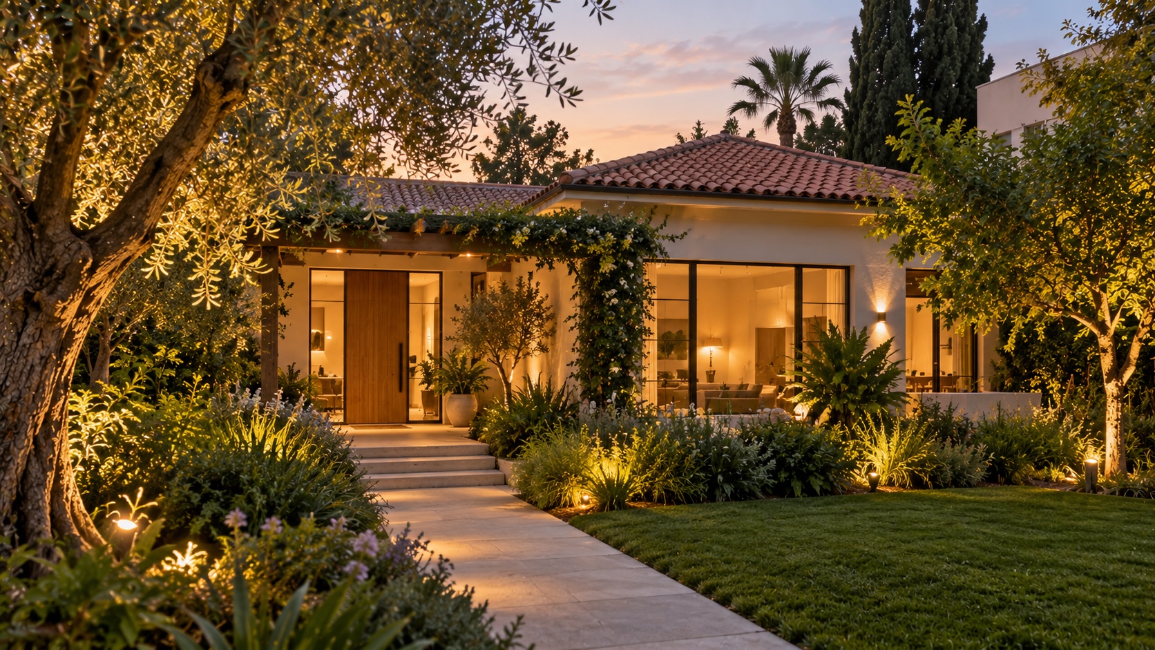 Private home for sale in Ramat HaHayal: a family cottage with a green garden and a paved entrance path (illustration)