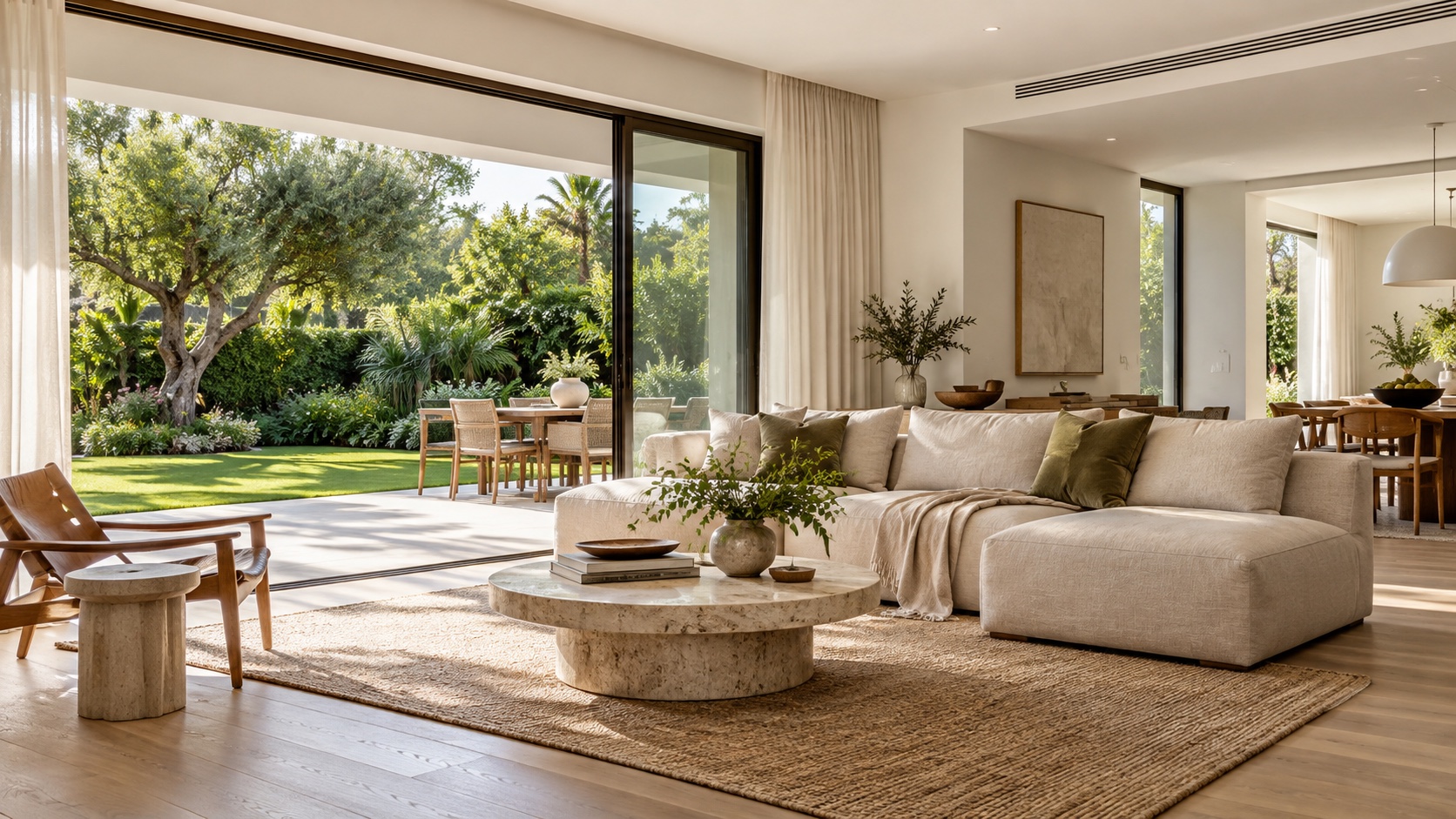 A bright living room in a new private home in Ramat HaHayal with glass doors opening onto the garden (illustration)