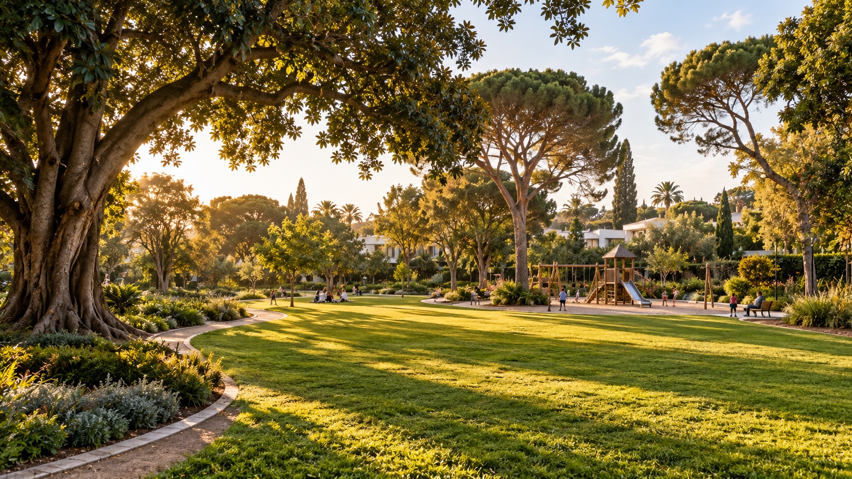 Shoshani Park in Ramat HaHayal, lawns and old ficus trees next to the low homes (illustration)