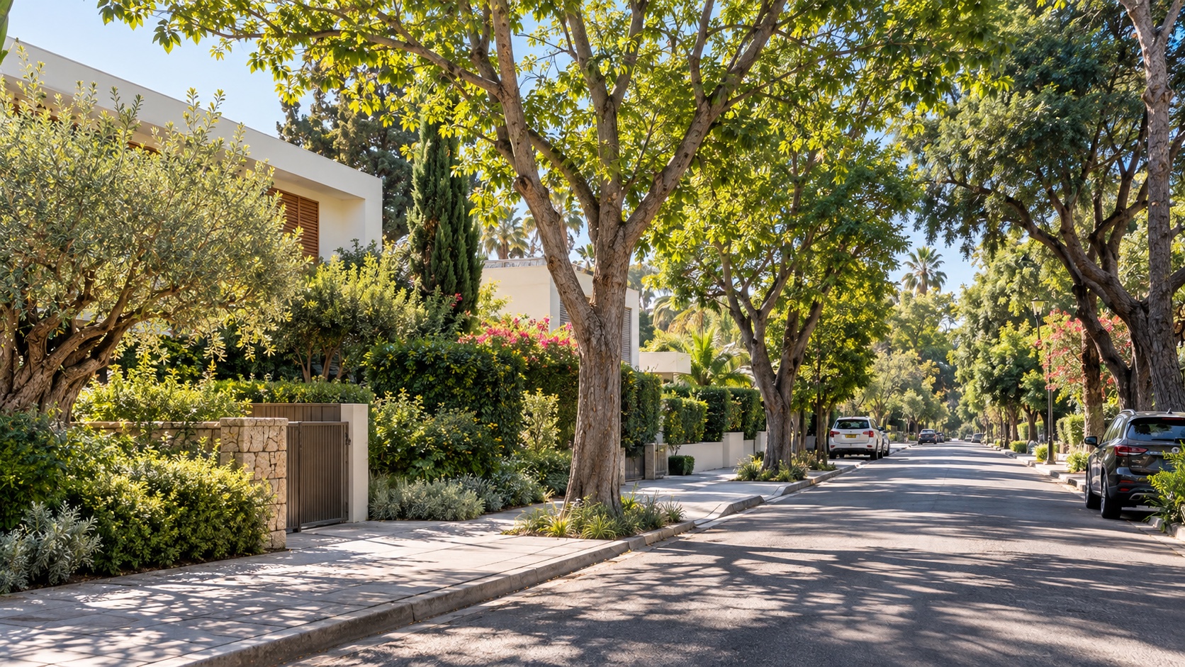 Real estate in Ramat HaHayal: a quiet street with low homes, hedges and mature trees (illustration)
