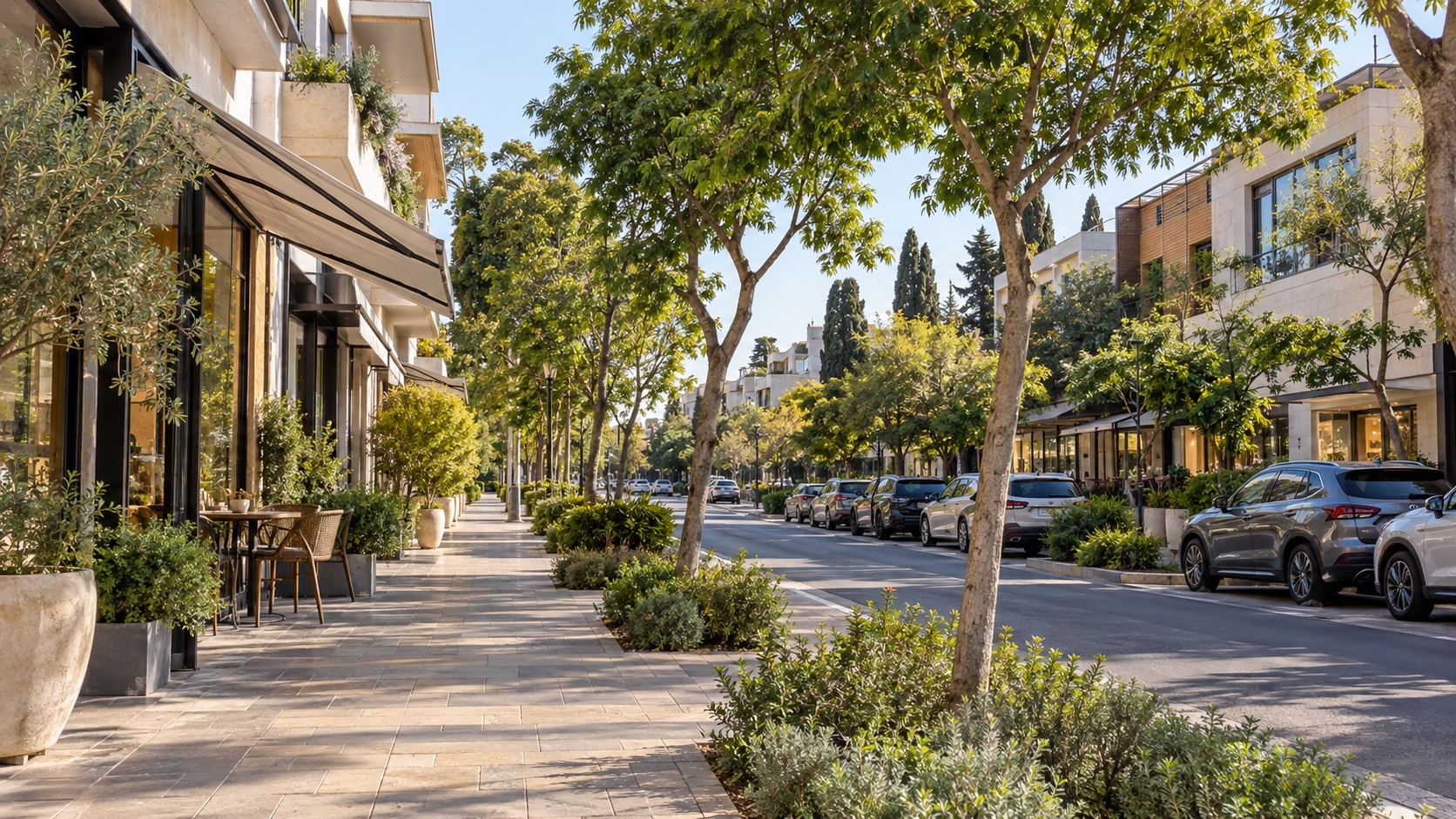 נדל״ן ברמת השרון: רחוב מסחרי נמוך עם חנויות בקומת הקרקע של בתי המגורים (הדמיה)