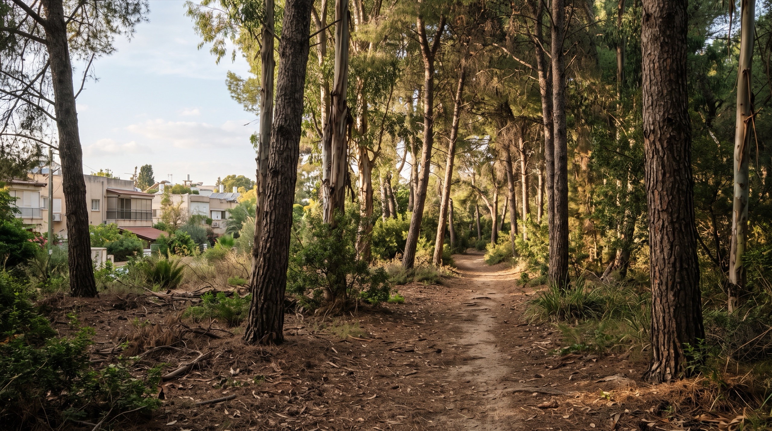 שביל בחורשת אגדתי ברמות צהלה, אורנים ואקליפטוסים ליד הבתים (הדמיה)