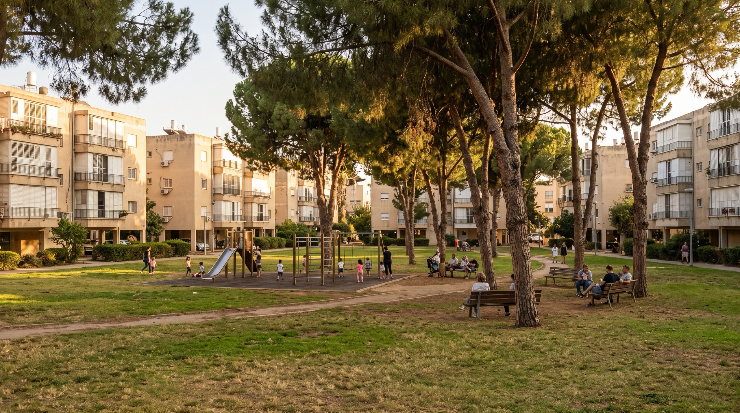 חורשת אורנים שכונתית ברמות צהלה עם מדשאה וספסלים בין בתי הדירות הנמוכים (הדמיה)
