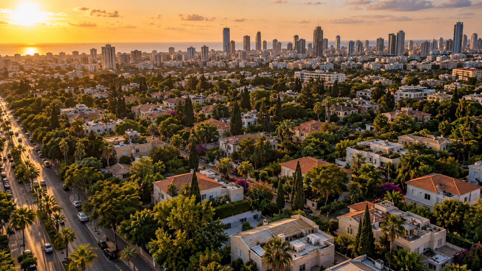 משרד תיווך בשיכון דן: מבט מלמעלה על הבתים הפרטיים, גגות הרעפים והגינות של השכונה (הדמיה)