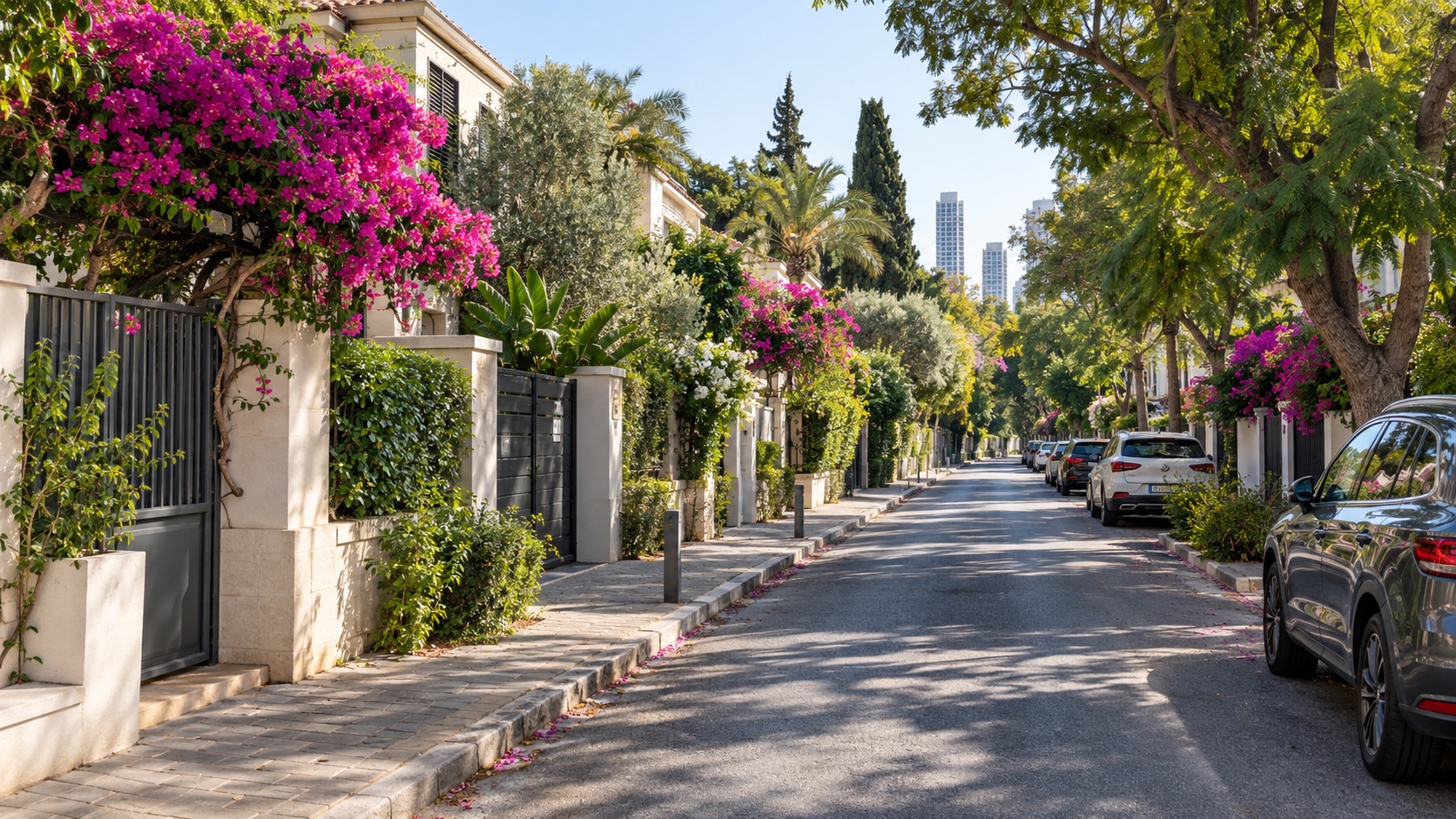 דירות למכירה בשיכון דן: רחוב של בתים נמוכים עם בוגנוויליה ומדרכה מוצלת (הדמיה)