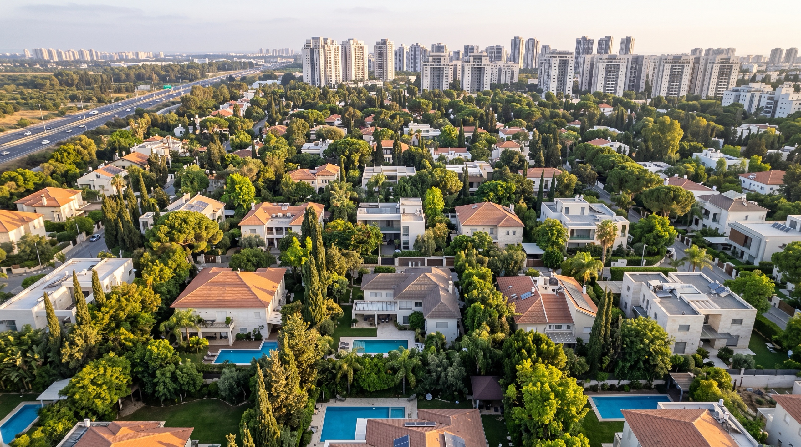 משרד תיווך בתל ברוך: מבט מלמעלה על הווילות, המגרשים הגדולים והבריכות של השכונה (הדמיה)