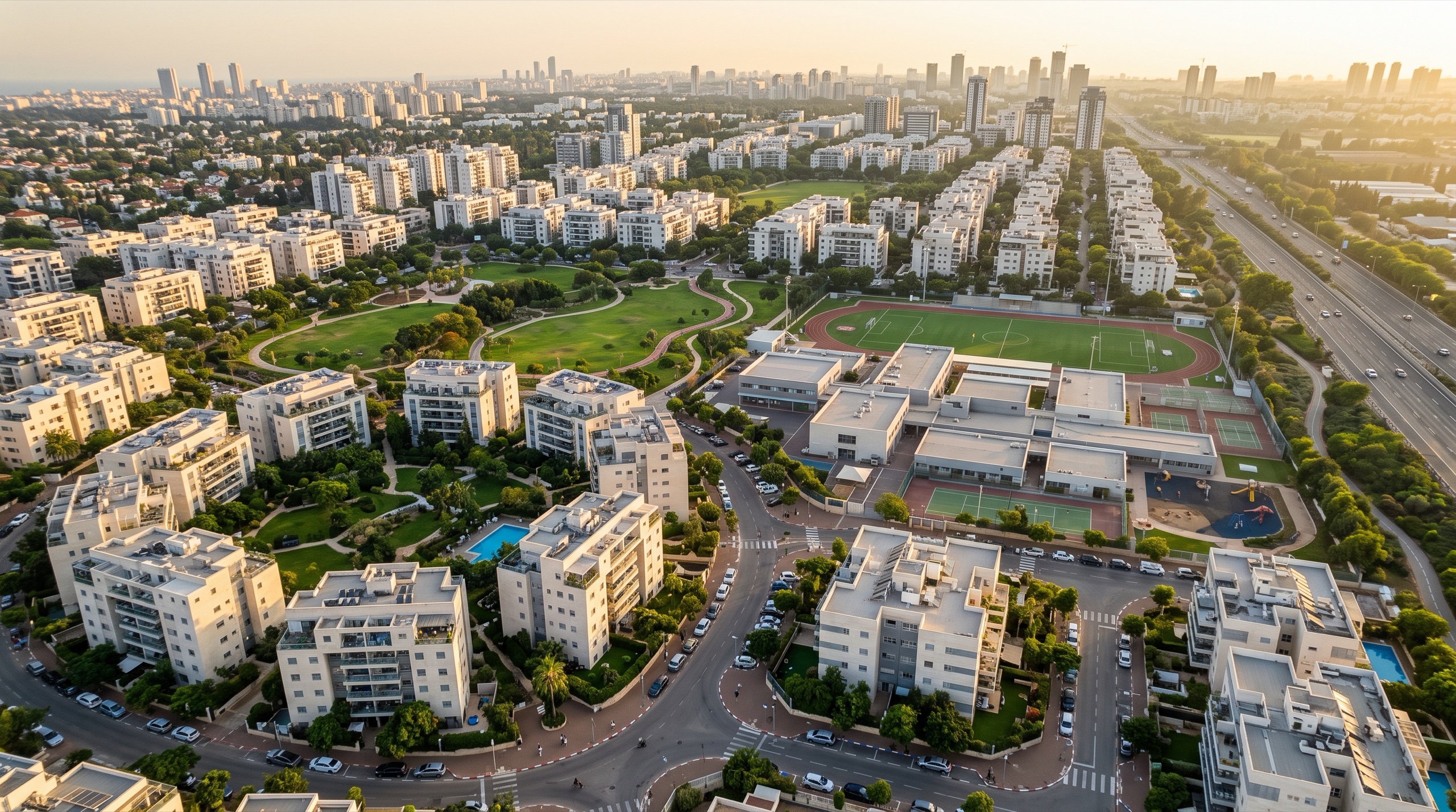 משרד תיווך בתל ברוך צפון: מבט מלמעלה על הבניינים החדשים בני 4 עד 8 קומות והפארקים של השכונה (הדמיה)