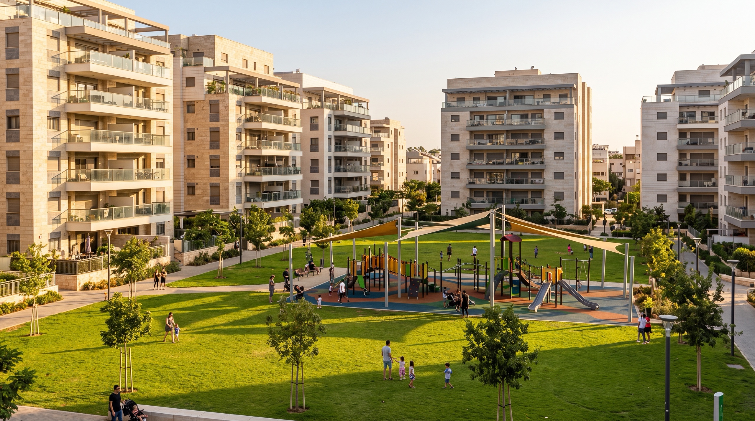 פארק שכונתי בתל ברוך צפון עם מדשאות ומגרש משחקים בין בנייני המגורים (הדמיה)