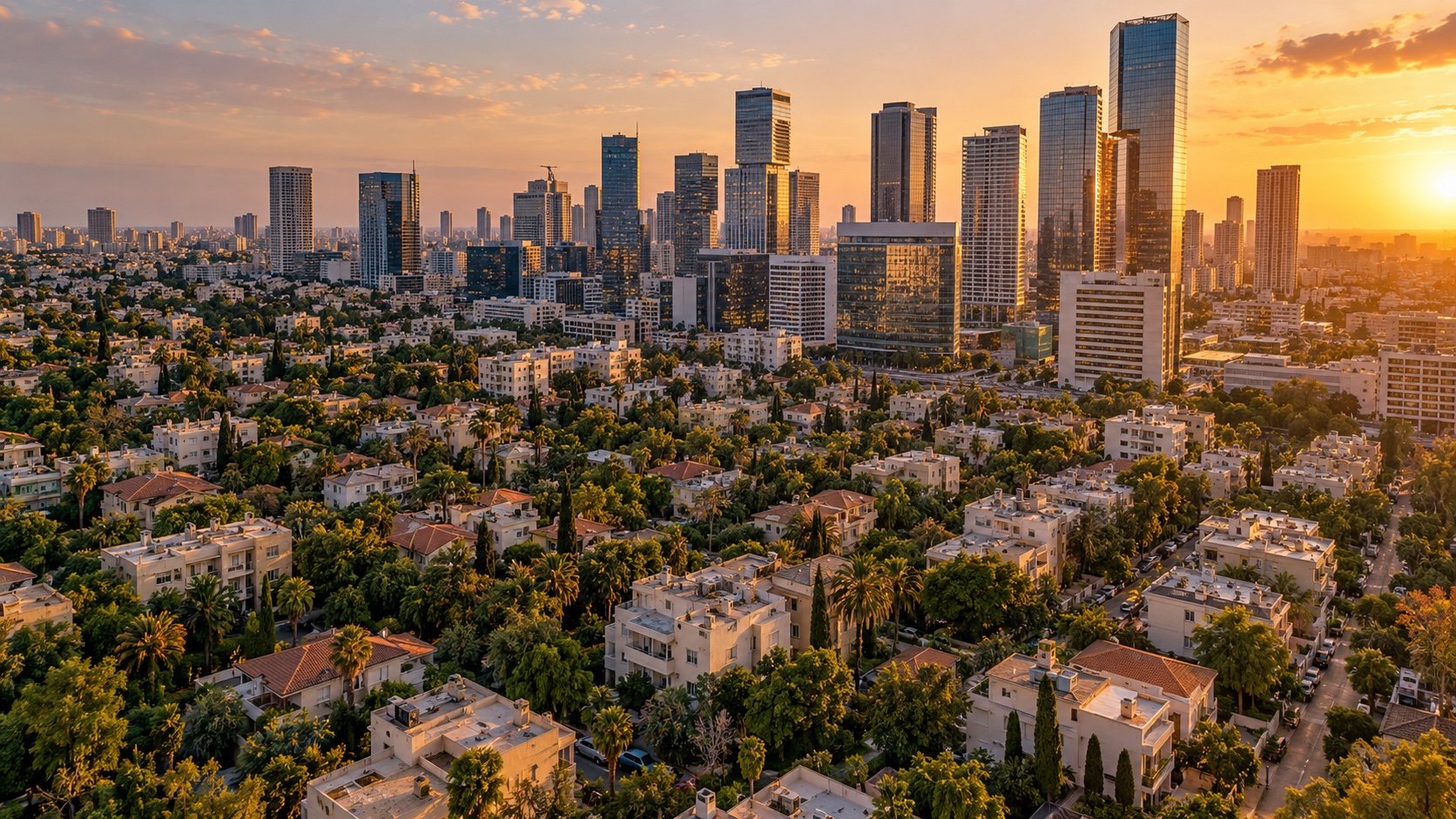 משרד תיווך בישגב: מבט מלמעלה על הבתים הנמוכים והעצים של השכונה לצד מגדלי רמת החייל (הדמיה)