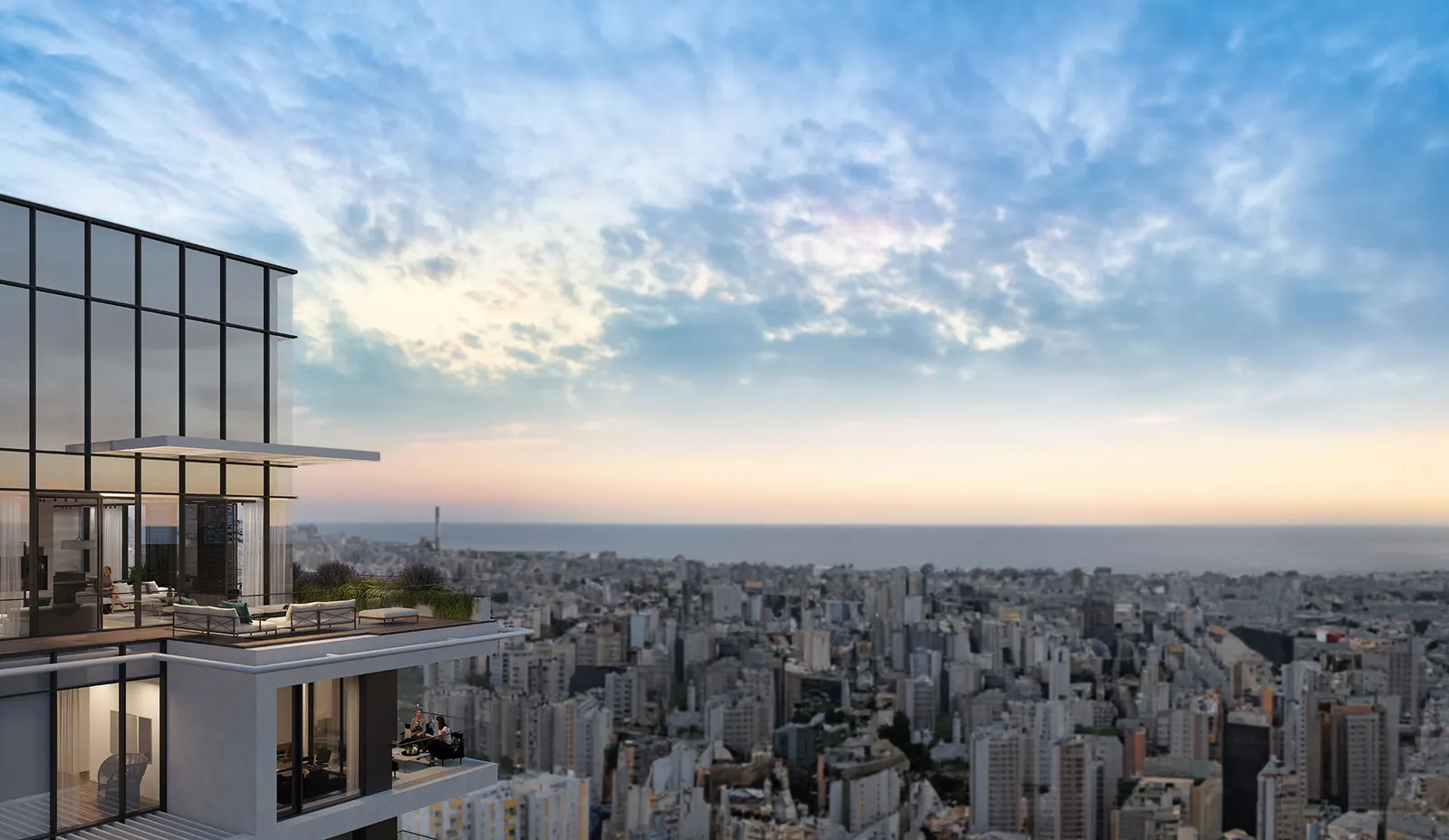 מרפסת פנטהאוז עם נוף לעיר ולים