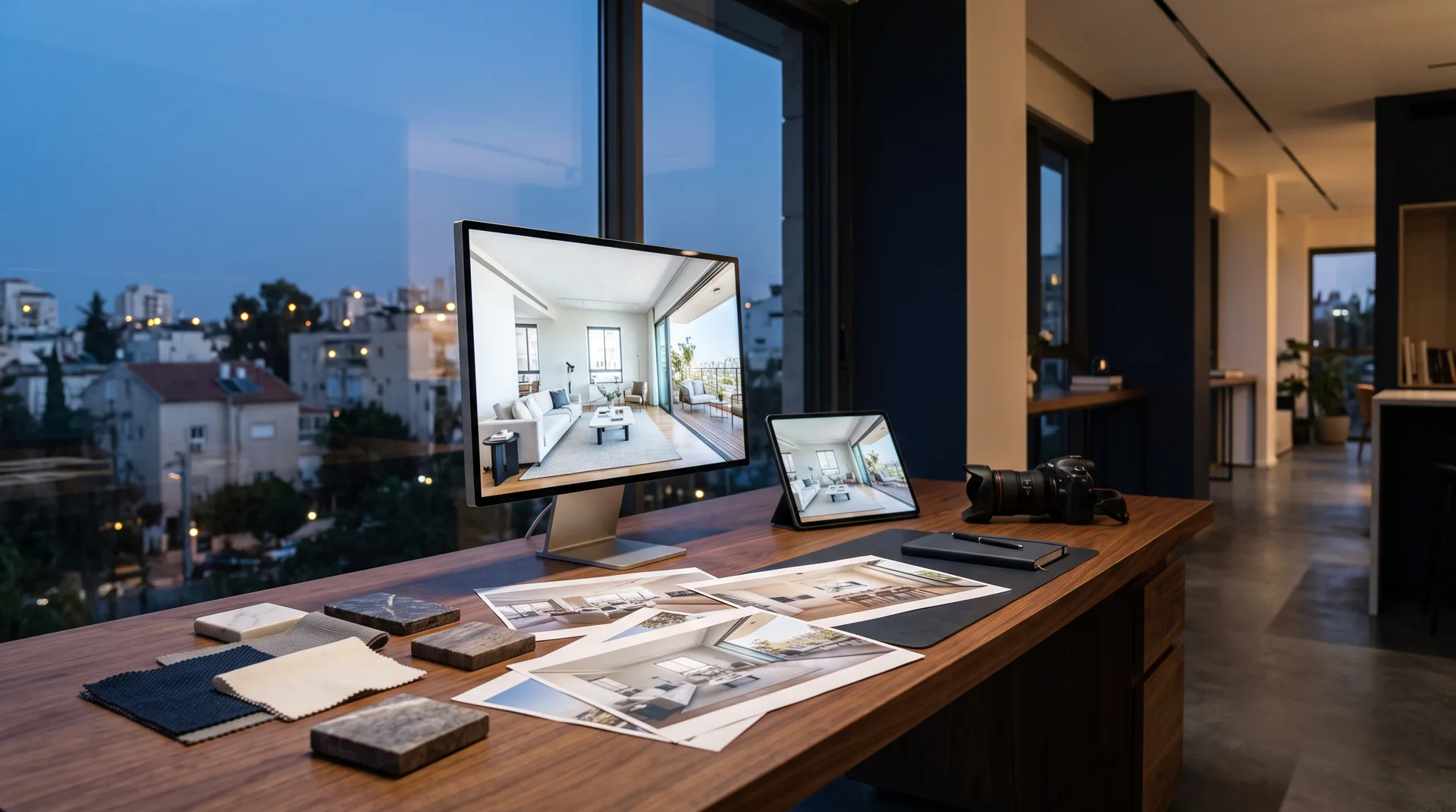 Real estate advertising studio with a screen and photographs of a designed apartment