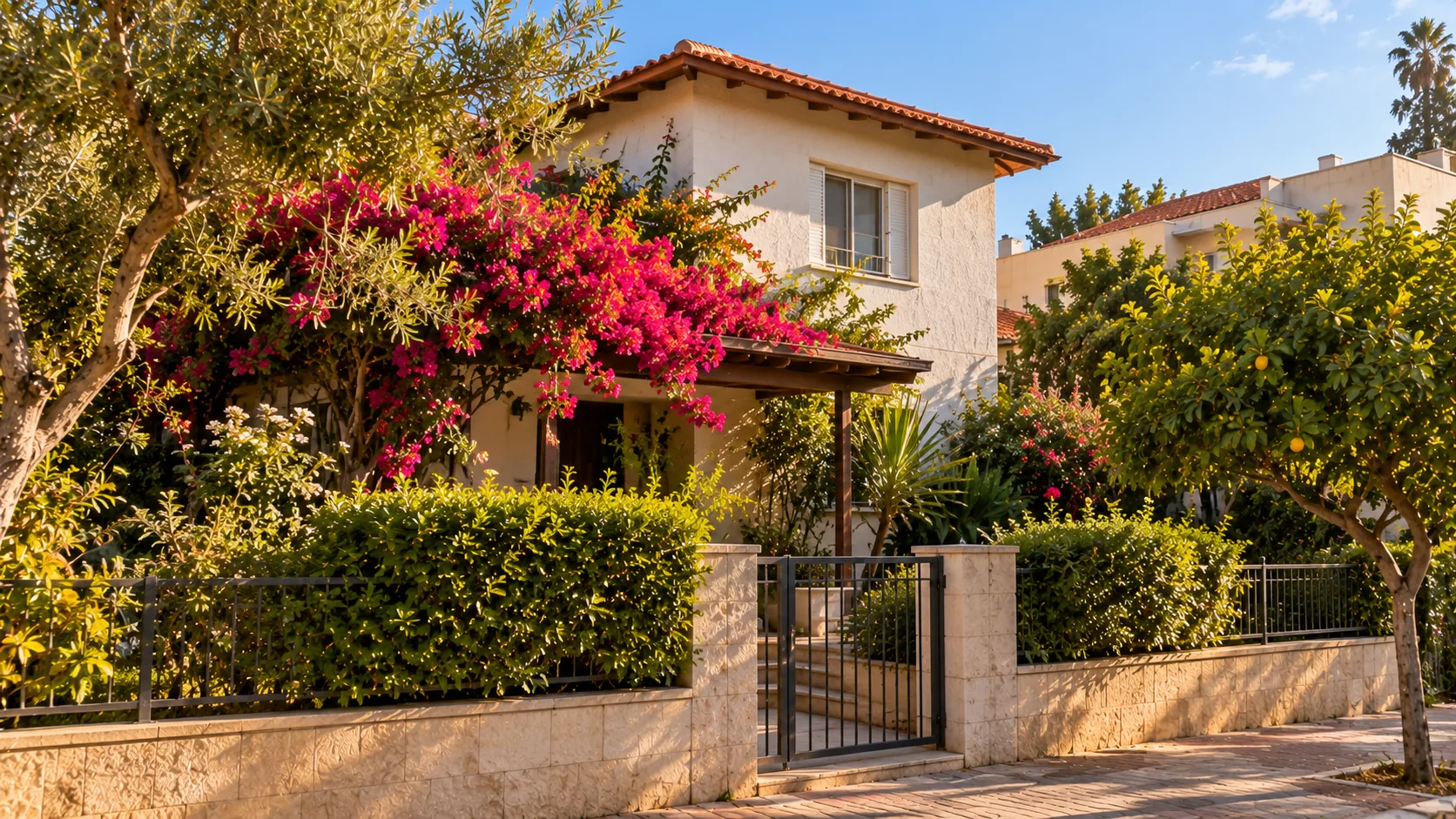 Une maison individuelle ancienne à Eliezer, toit de tuiles, jardin sur rue et portail bas (illustration)