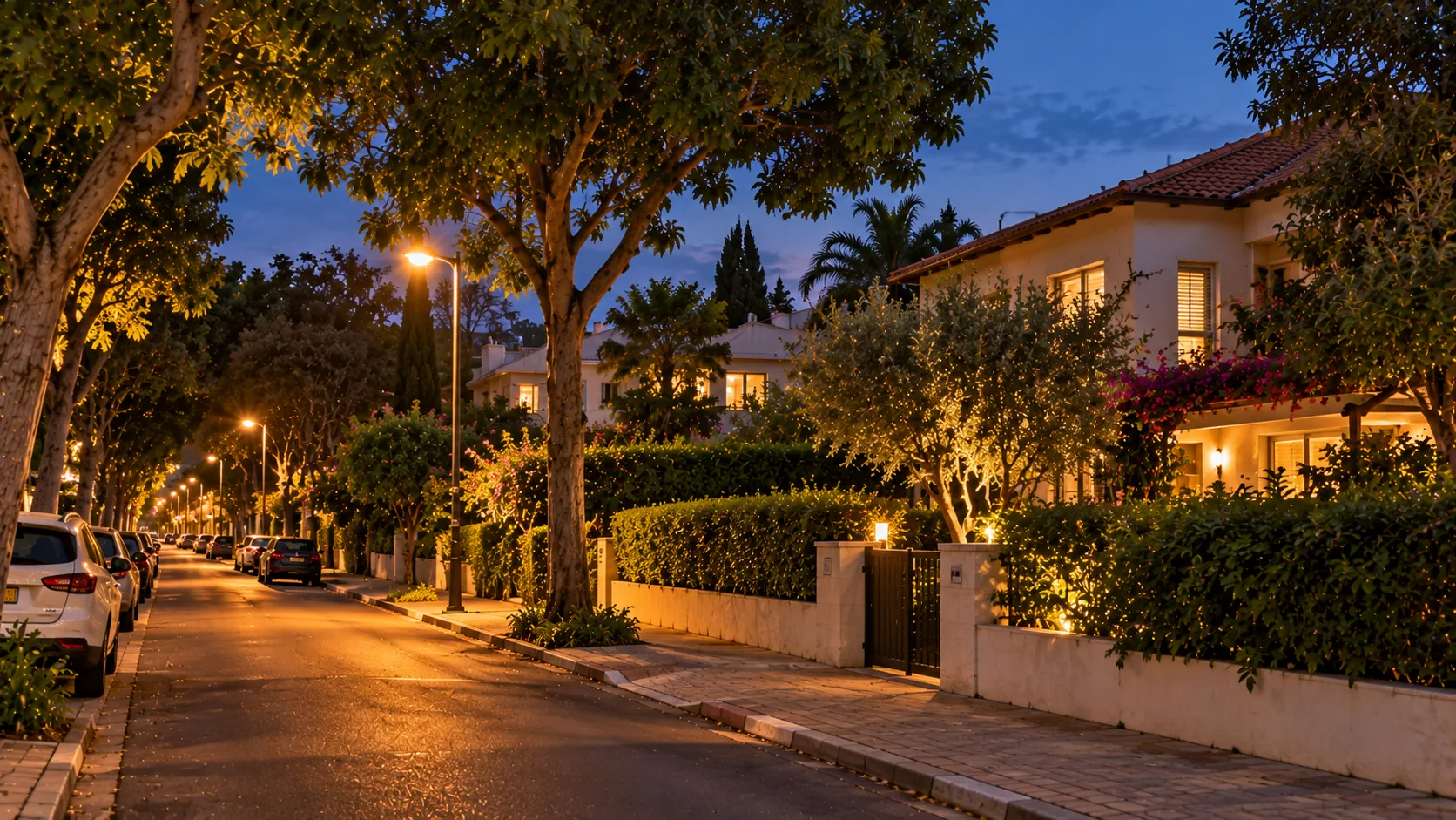Une rue d’Eliezer en soirée, haies vives, maisons basses et éclairage chaleureux (illustration)