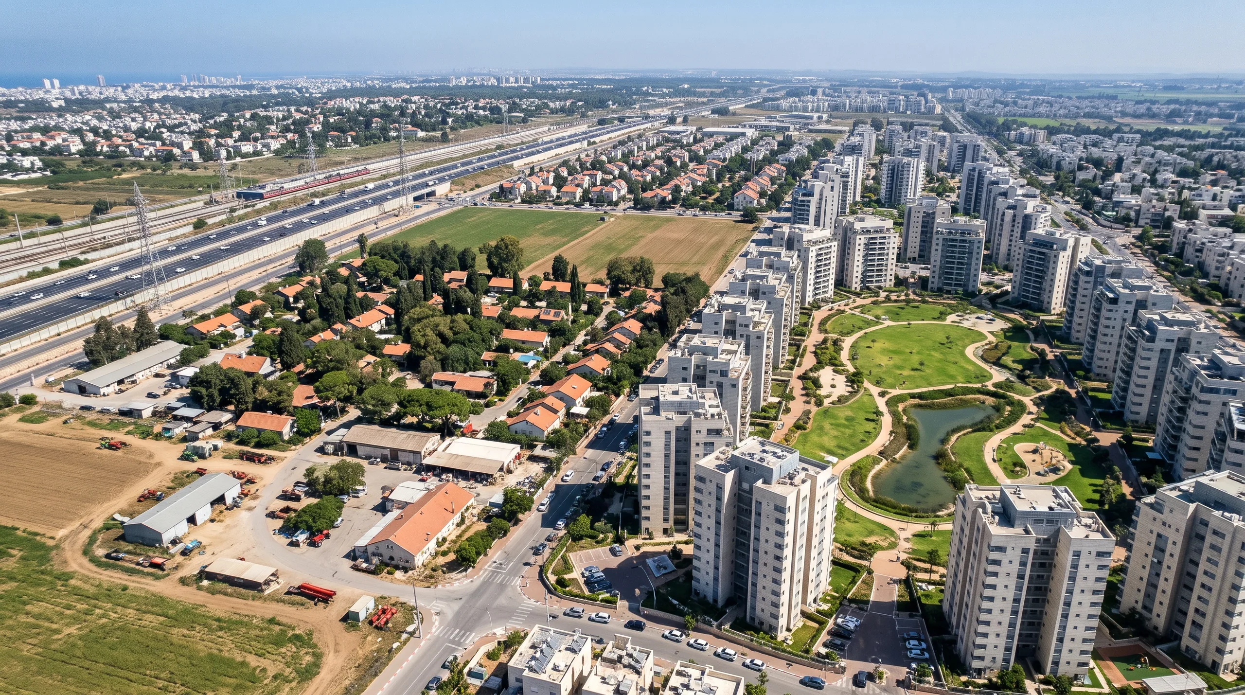 Agencia inmobiliaria en Glil Yam: vista aérea de las torres, el parque y el kibutz (ilustración)