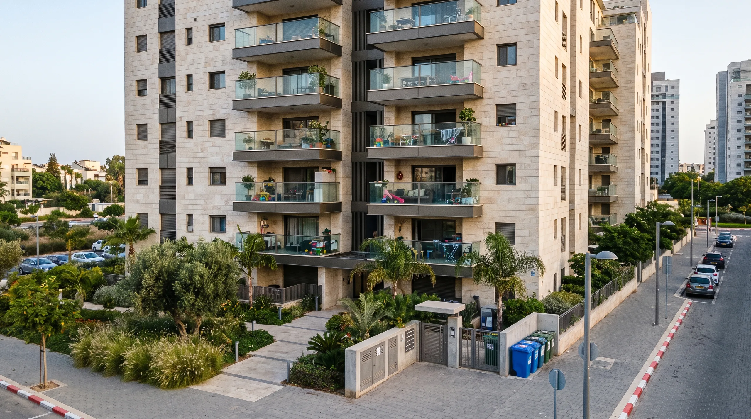 Un edificio residencial nuevo en Glil Yam, con balcones y un jardín cuidado (ilustración)