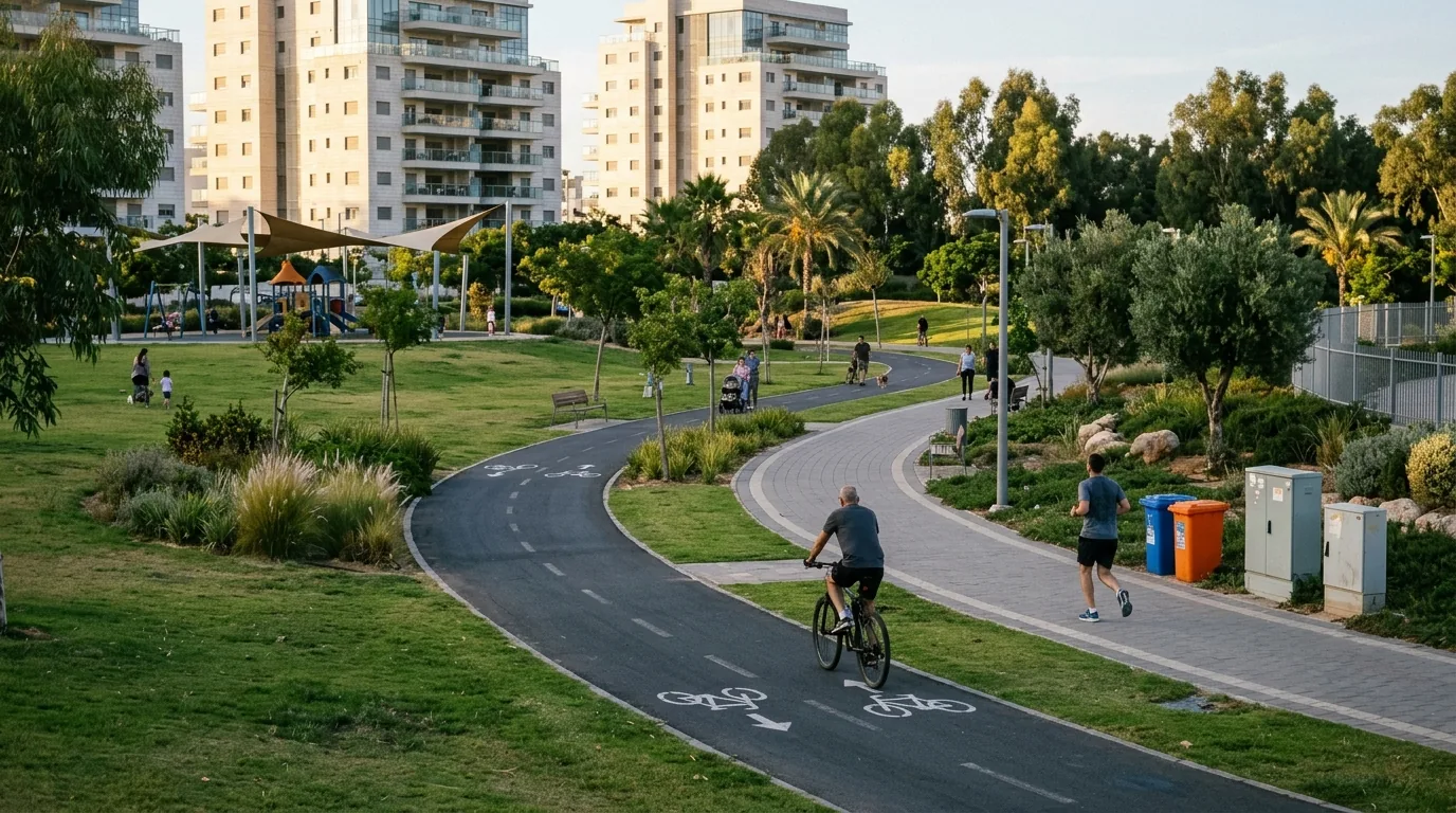 Senderos peatonales y carriles bici en el parque Glil Yam (ilustración)