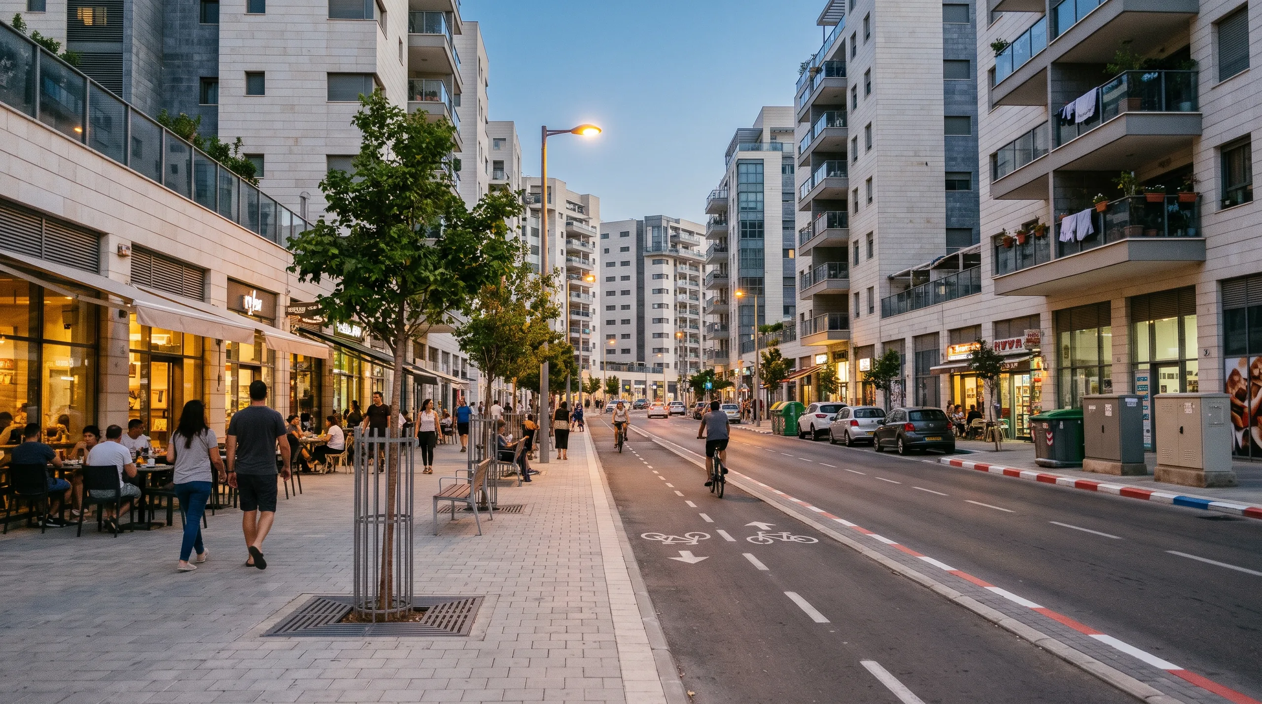 Una calle de Glil Yam al anochecer, con edificios nuevos y un carril bici (ilustración)