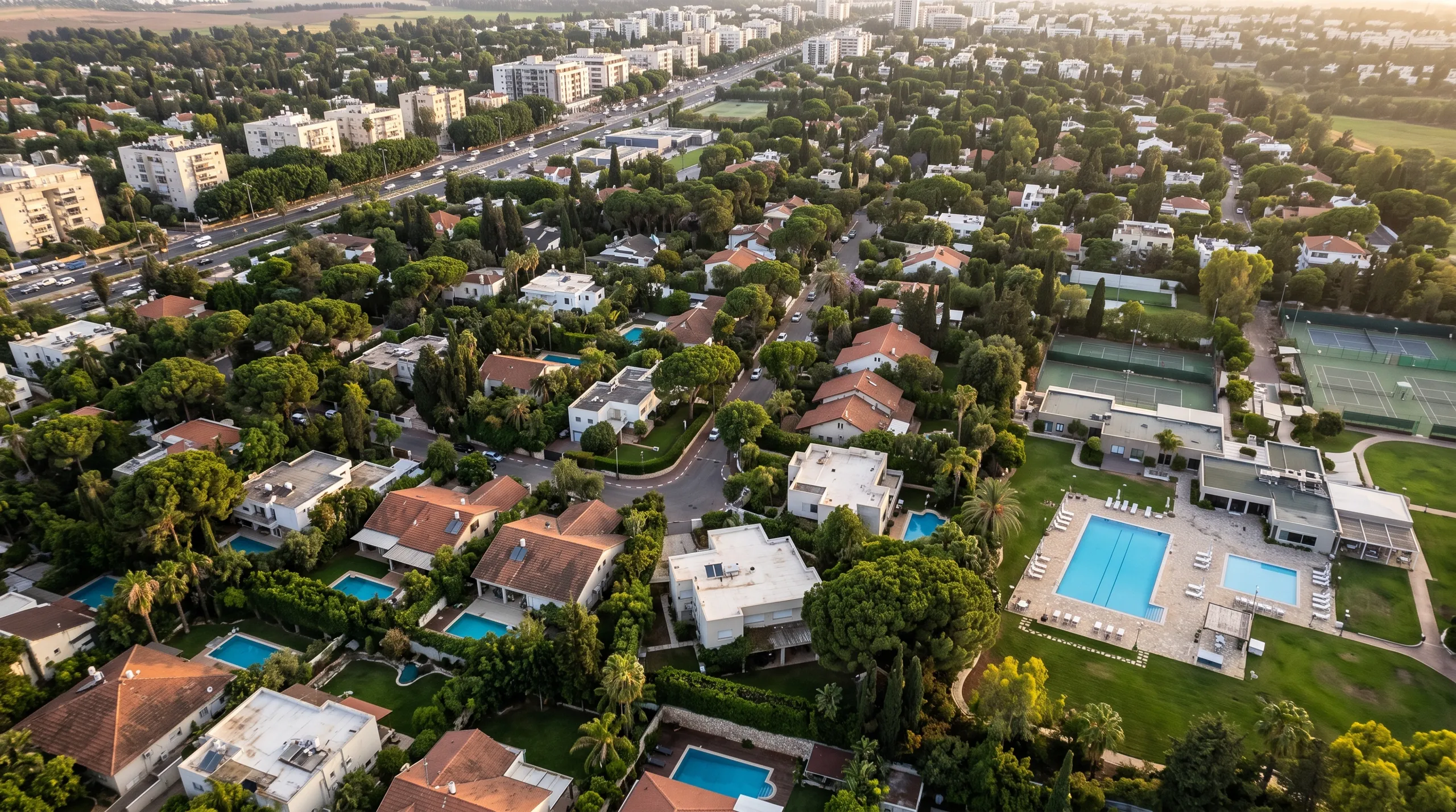 משרד תיווך בשכונת גולן: מבט מלמעלה על הווילות, הגינות והבריכות בין עצי האורן (הדמיה)