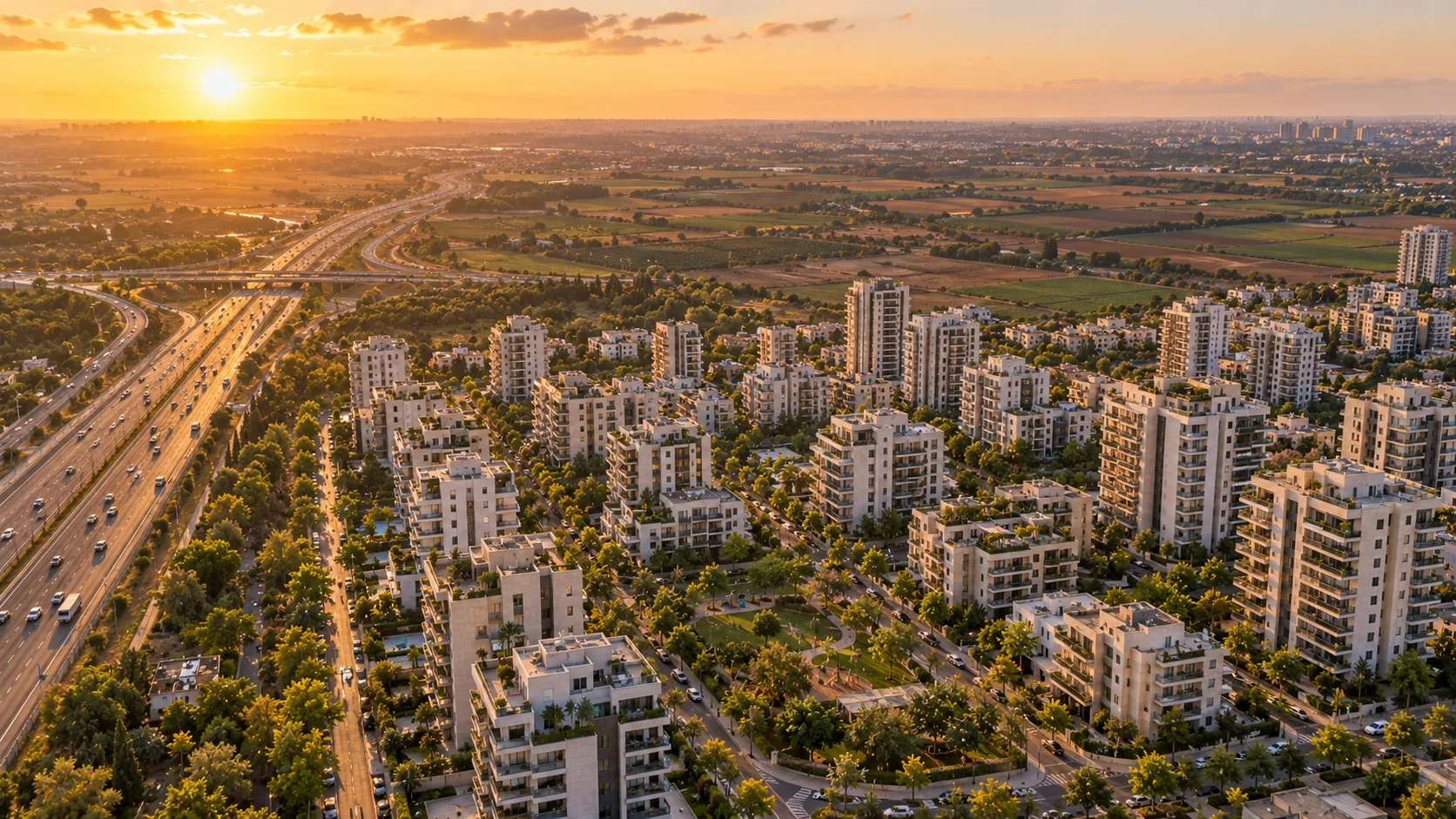 Real estate agency in the Green Neighborhood: an aerial view over the neighborhood, its gardens and Route 4 to the west (illustration)