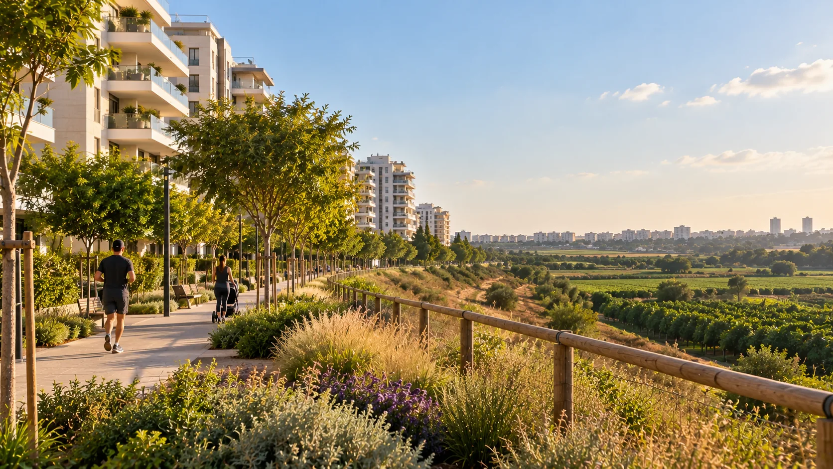 A footpath at the edge of the Green Neighborhood, facing the open land of north Kfar Saba (illustration)