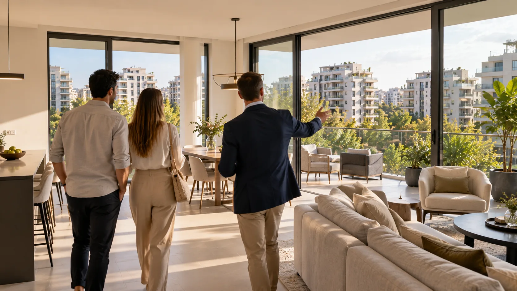 An RS Nadlan advisor accompanying a couple in an apartment in the Green Neighborhood (illustration)