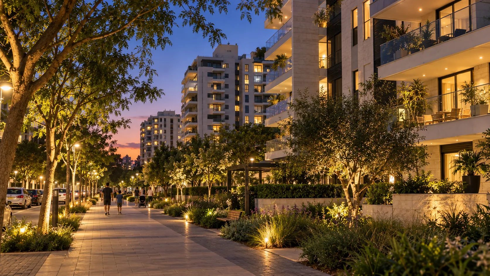 A street in the Green Neighborhood in the evening, with a wide sidewalk, trees and tall buildings (illustration)
